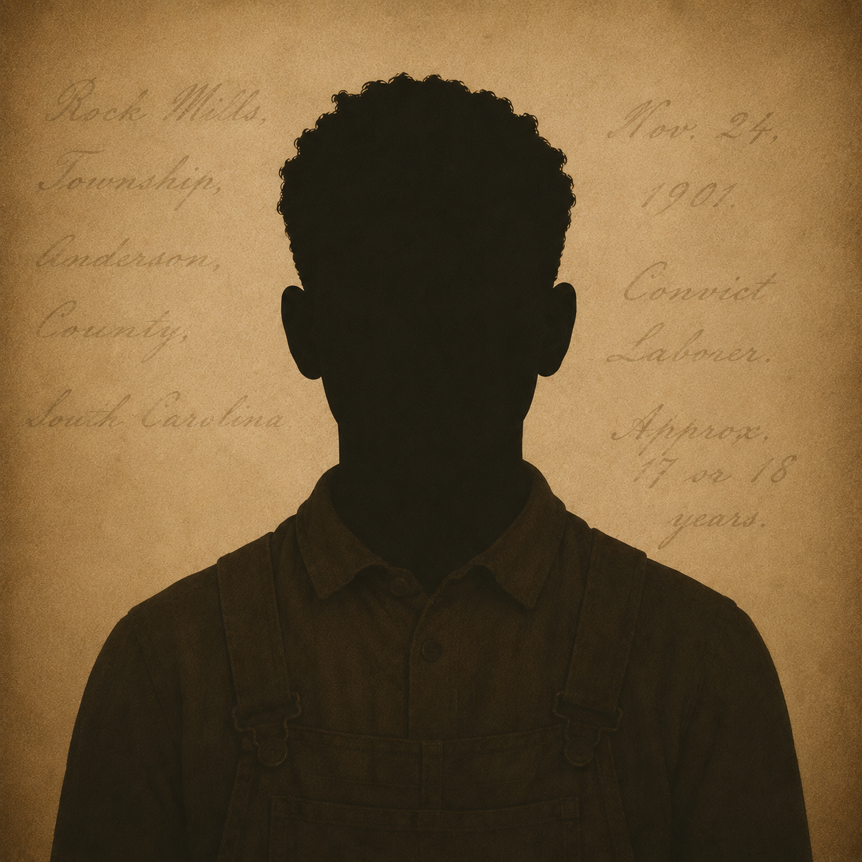 Silhouette of a young man with curly hair, wearing a collared shirt and overalls, with a sepia-toned background featuring handwritten text about a person from Rock Mills, South Carolina, convicted as a laborer in 1901 at age 17 or 18.