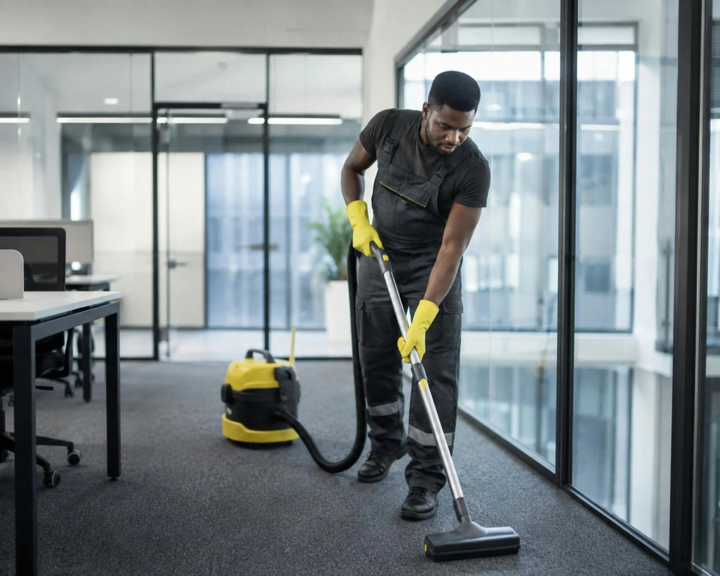 A man wearing black overalls and yellow gloves vacuuming an office carpet.
