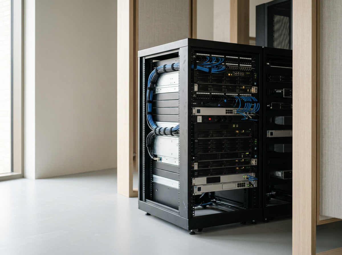 A modern server rack with multiple networking and data storage devices, with blue and black cables connected inside, situated in a well-lit room near a large window.