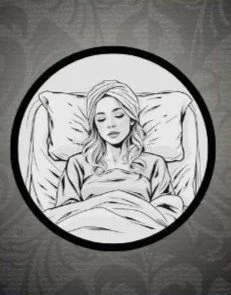Line drawing of a woman sleeping in bed with pillows