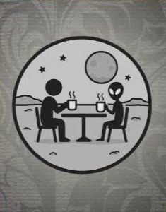 A cartoon illustration of two aliens having coffee at a table outdoors under a large moon and stars.