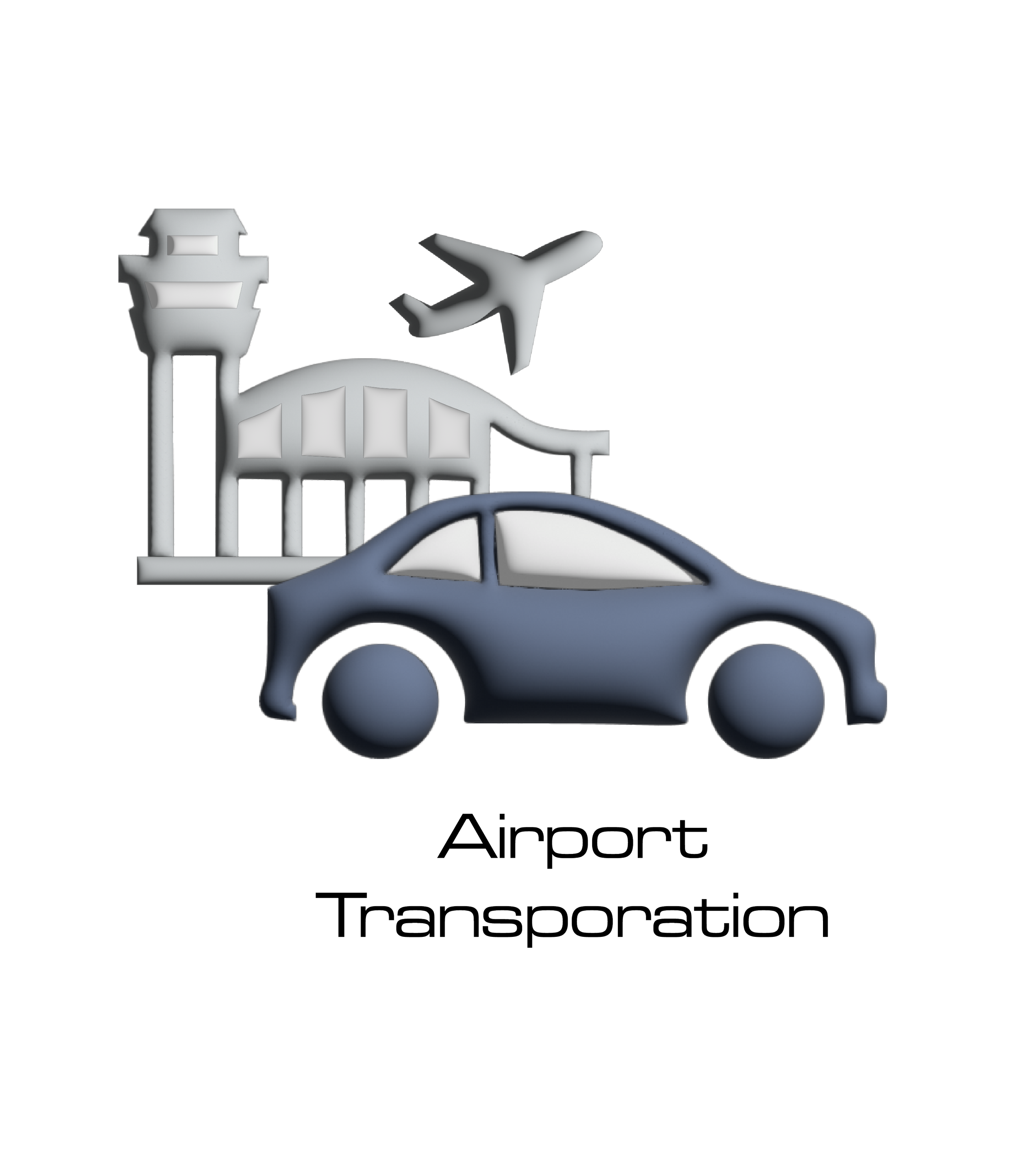 Logo of an airport transportation service with a stylized airplane, gate, and car, and the text 'Airport Transportation' underneath.
