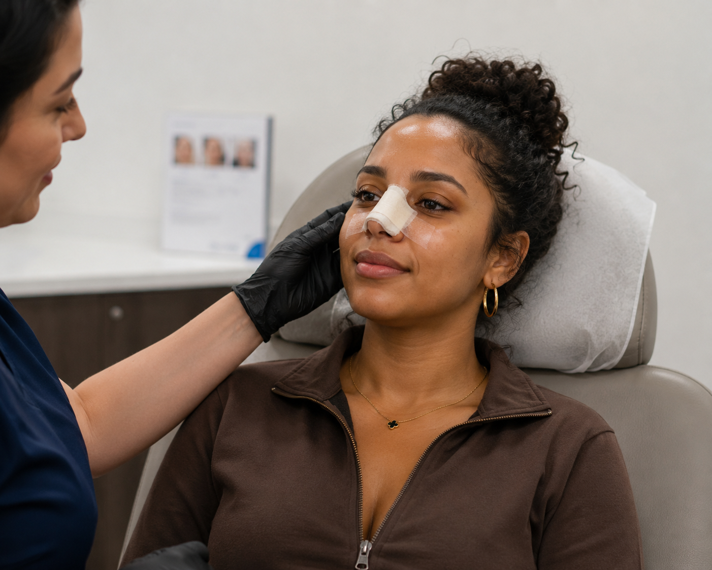 A woman with curly hair lying in a medical chair, receiving care from a healthcare professional who is touching her face. The woman has a bandage on her nose and is wearing gold earrings and a necklace.