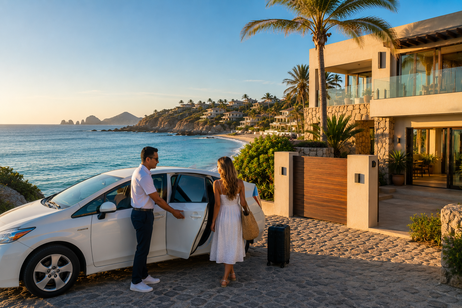 A woman and a man at a luxury beachfront resort during sunset, with the man holding the car door open for the woman who has a rolling suitcase. The resort has modern architecture with stairs and potted plants, overlooking the ocean with a rocky outcrop in the distance.