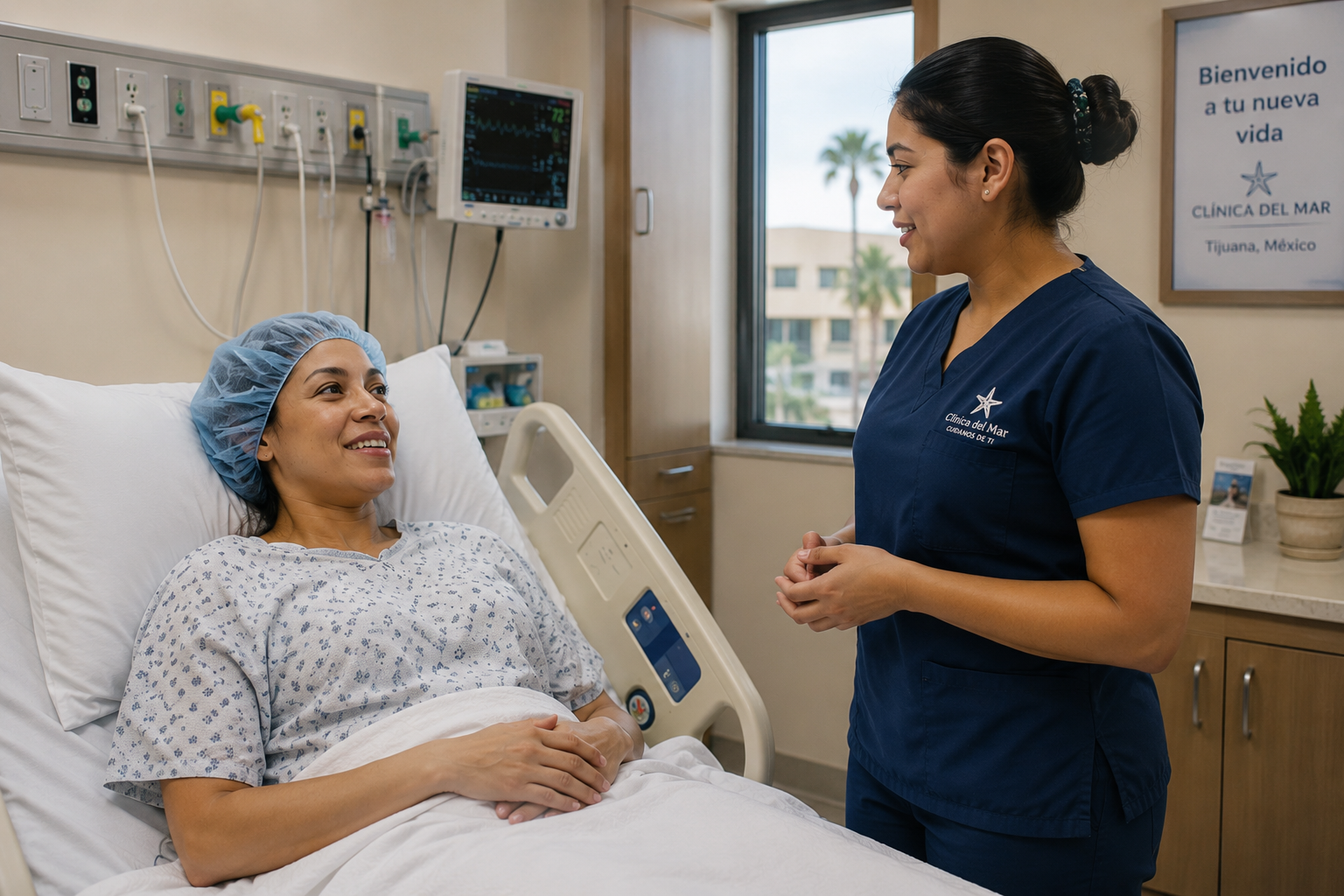 A woman lying in a hospital bed with a blue hair cap, smiling and talking with a nurse in navy scrubs in a well-lit hospital room.