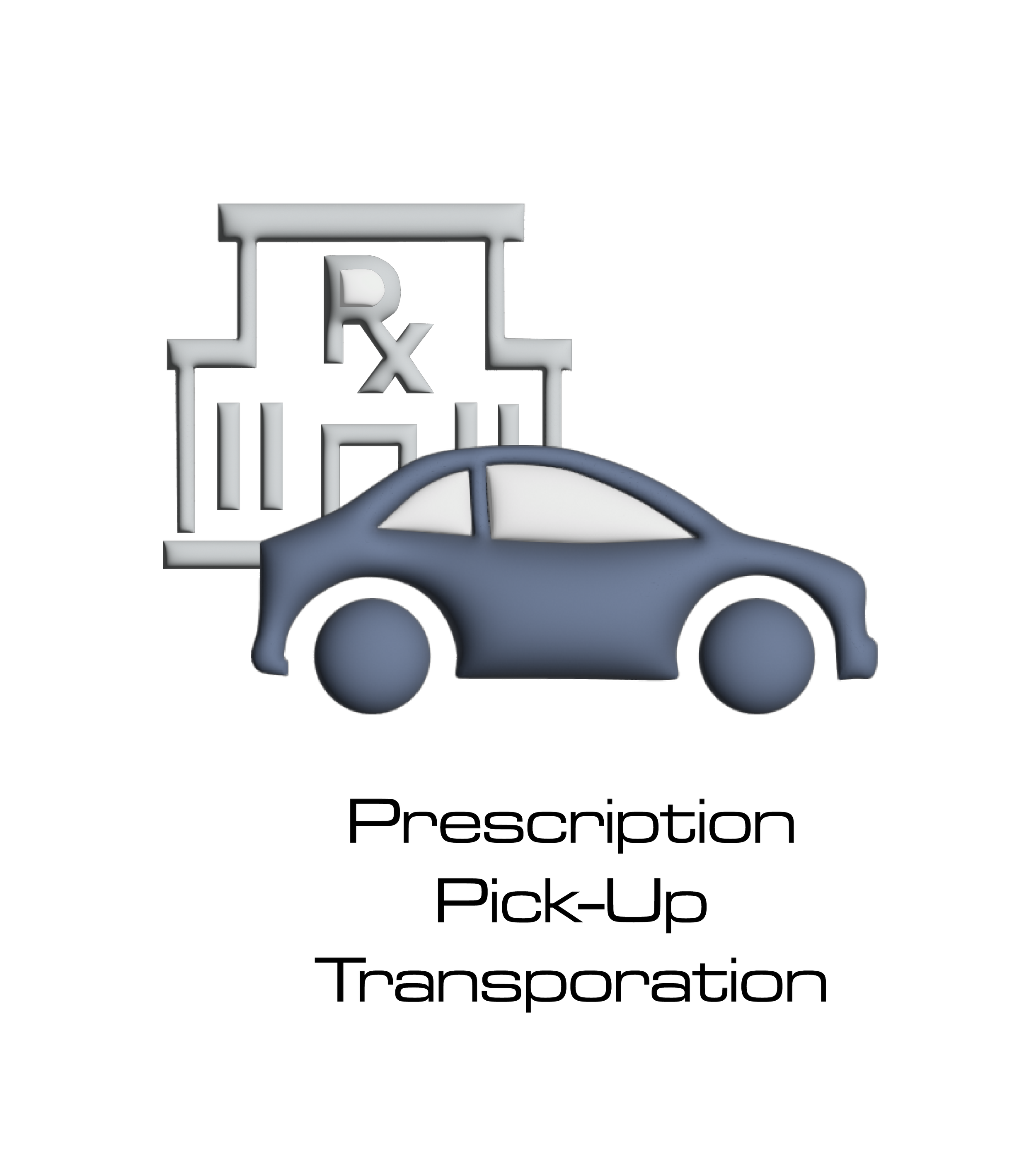 Graphic of a car with a large delivery box on its roof, featuring the word 'Rx' in bold letters, promoting prescription medication pickup and hospital transportation services.