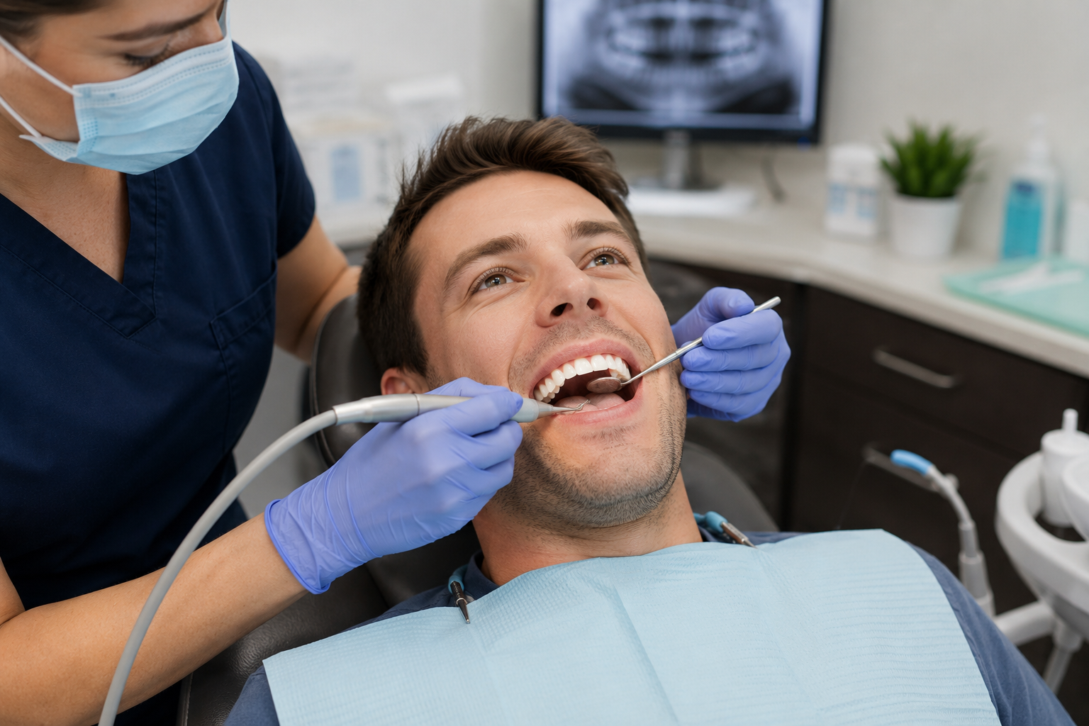 A man receiving dental treatment from a dentist in a clinic.