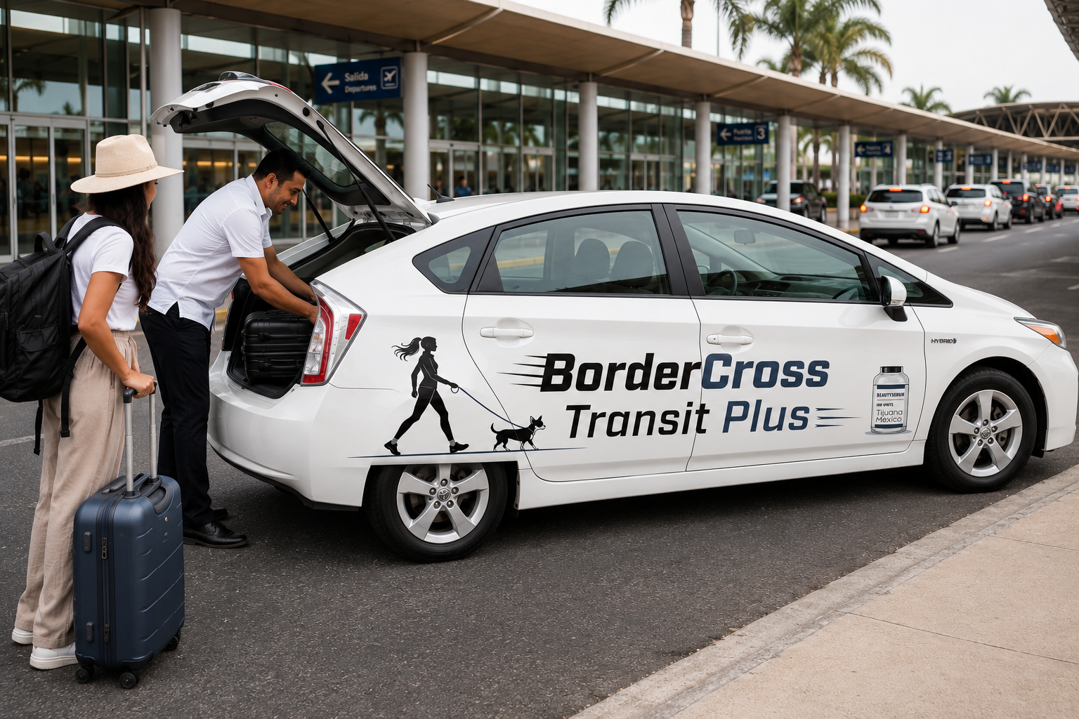 A man and woman with luggage loading luggage into the trunk of a white hybrid car at an airport with a BorderCross Transit Plus logo.