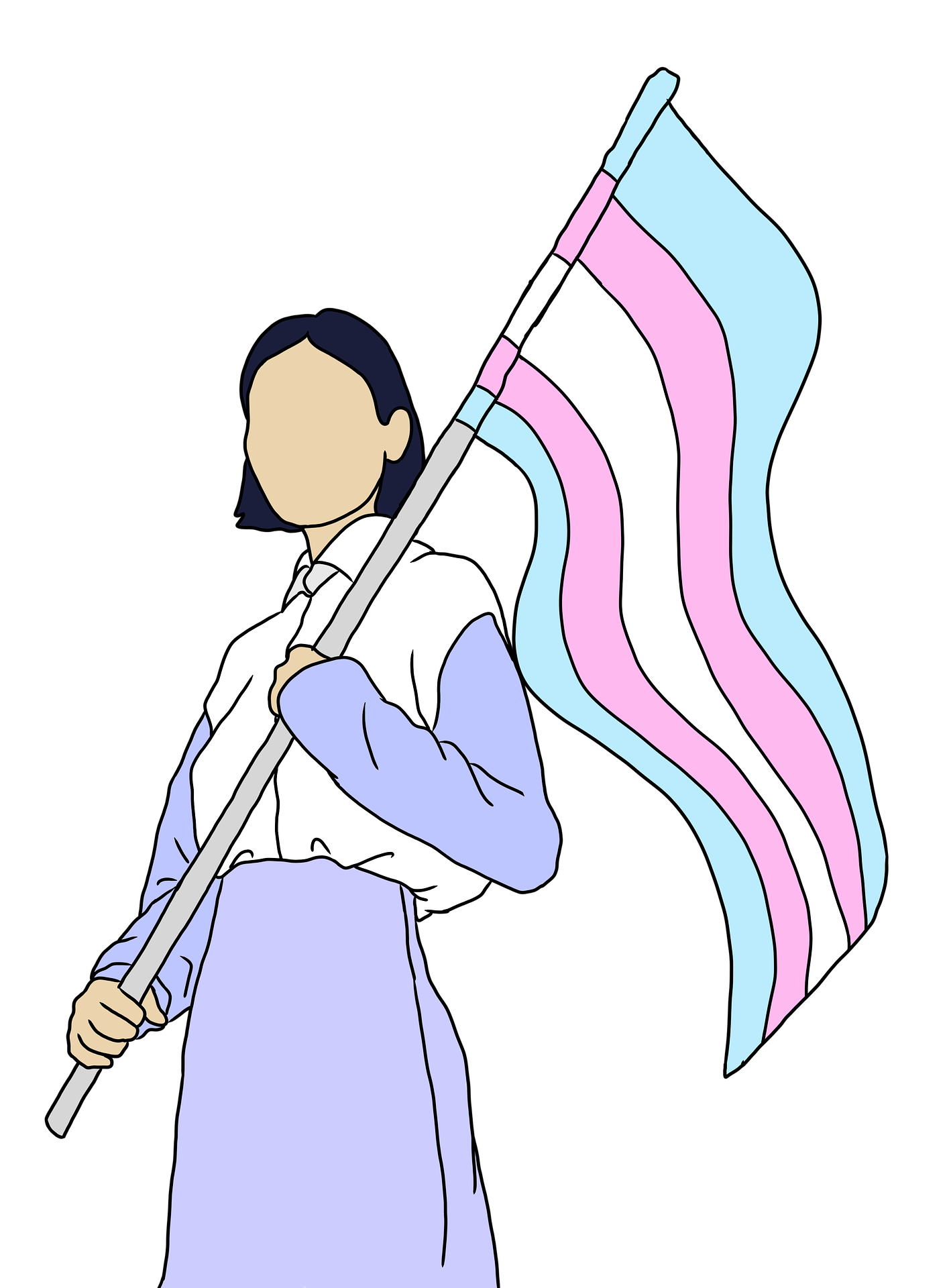Illustration of a person with short dark hair, wearing a light purple dress and holding a large pastel-colored flag, with the background completely black.