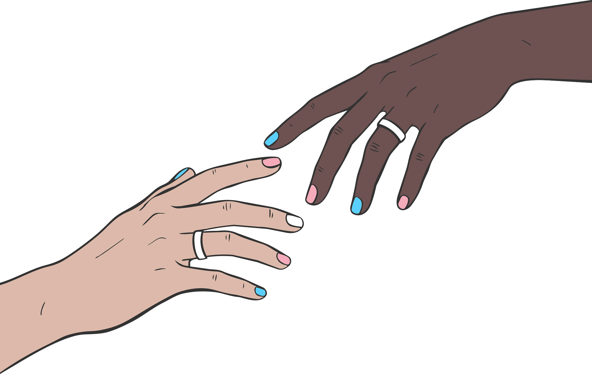 Illustration of two hands reaching toward each other, one with lighter skin and one with darker skin, with ring on ring finger of each hand.