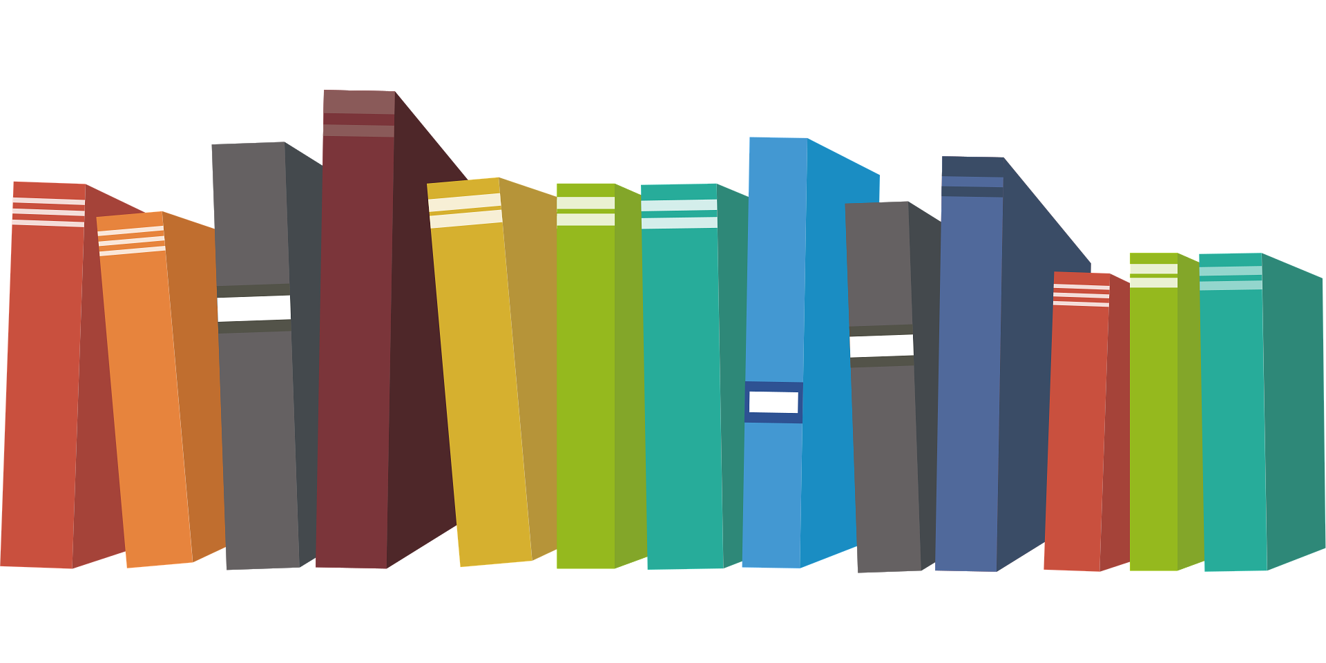 Colorful row of books standing upright on a shelf, arranged by color from red, orange, yellow, green, blue, to black.
