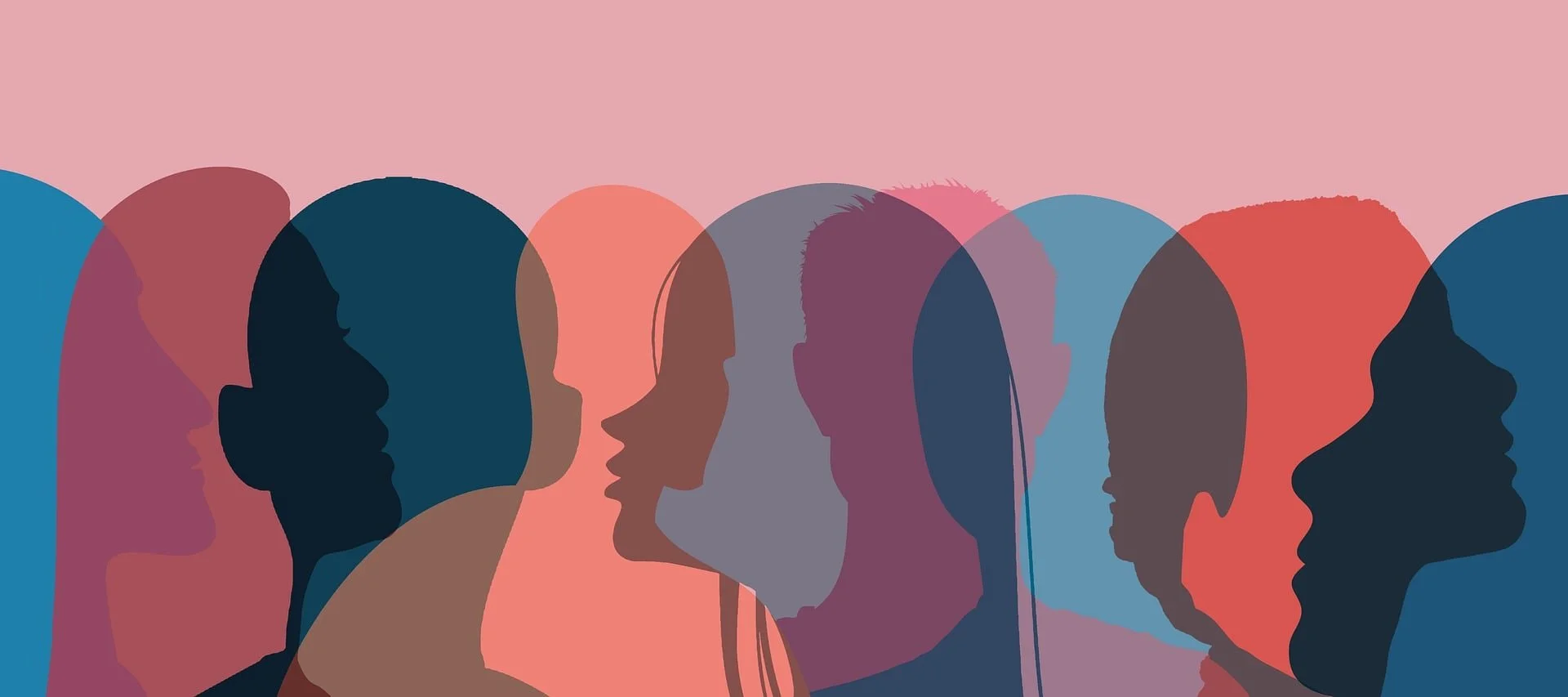 Silhouettes of diverse people's faces overlapping on a pink background.