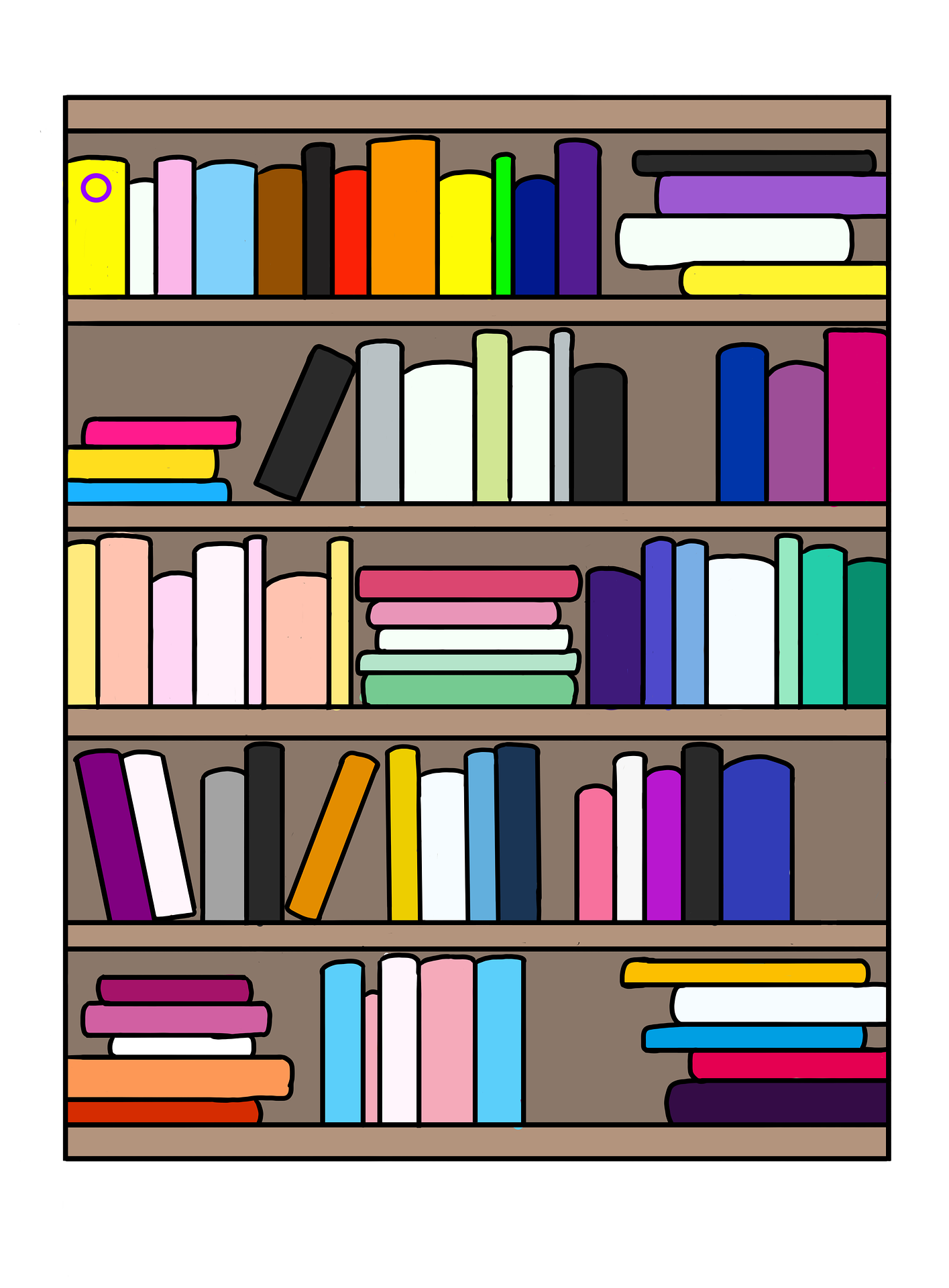 Colorful illustrated bookshelf filled with various books organized vertically and horizontally on multiple shelves.