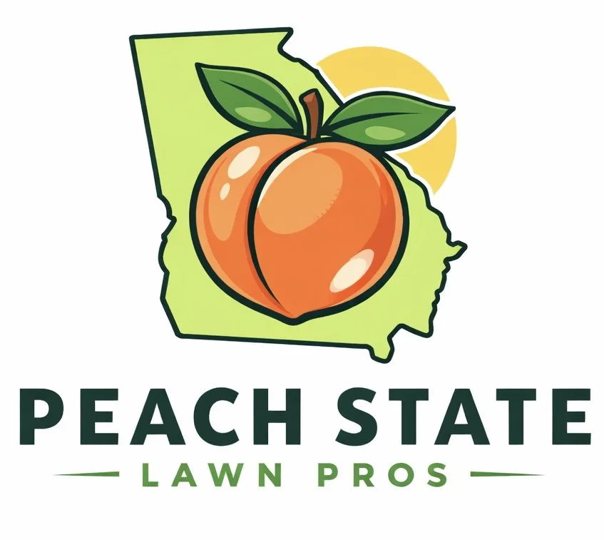 Logo for Peach State Lawn Pros featuring an outline of the state of Georgia with a peach in front and the sun behind, with text 'Peach State Lawn Pros'.