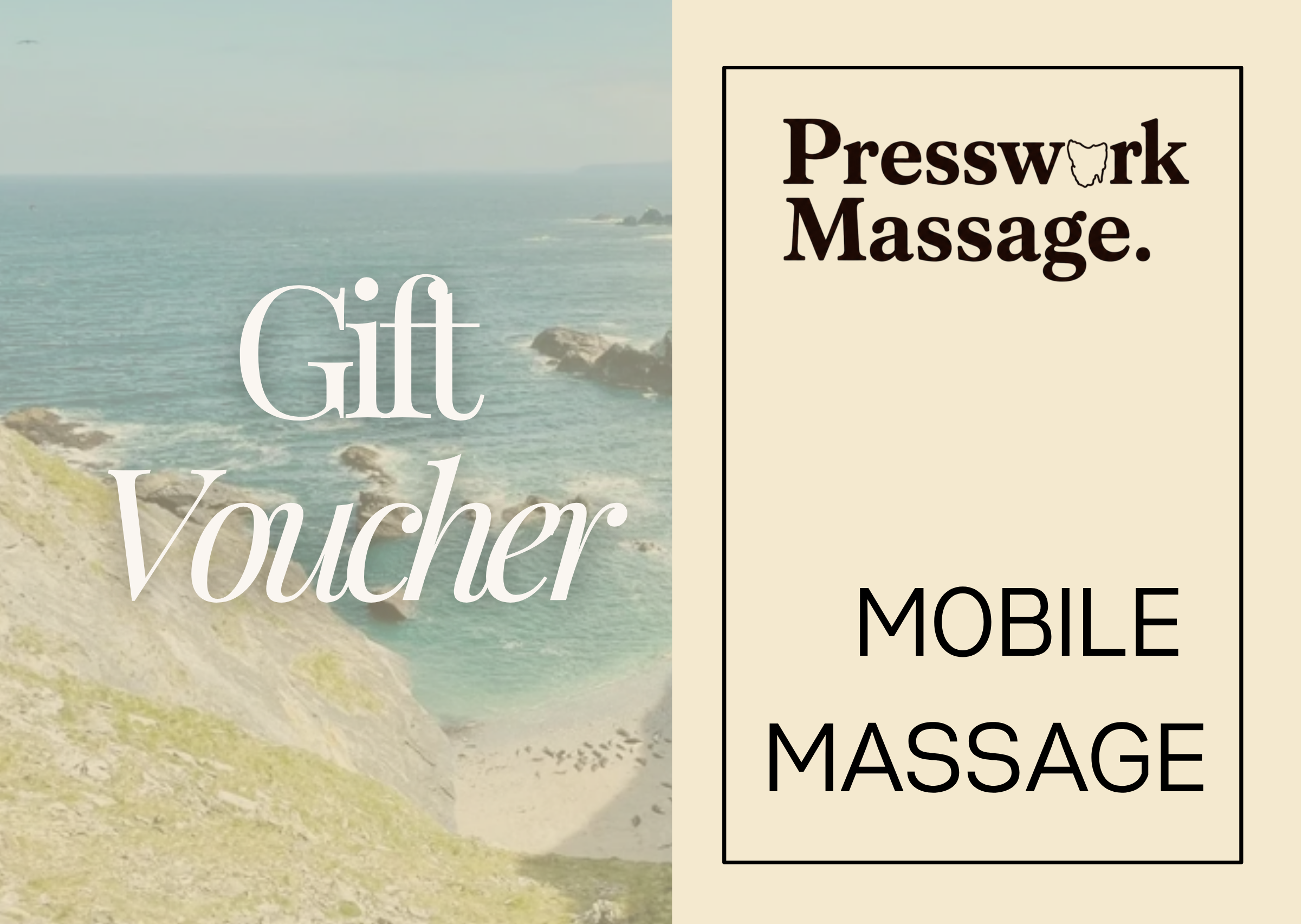 A gift certificate with a beach scene on the left side and a beige background with text on the right side. The text reads 'Presswork Massage'. Additional text below states '60 MINUTE MASSAGE'.