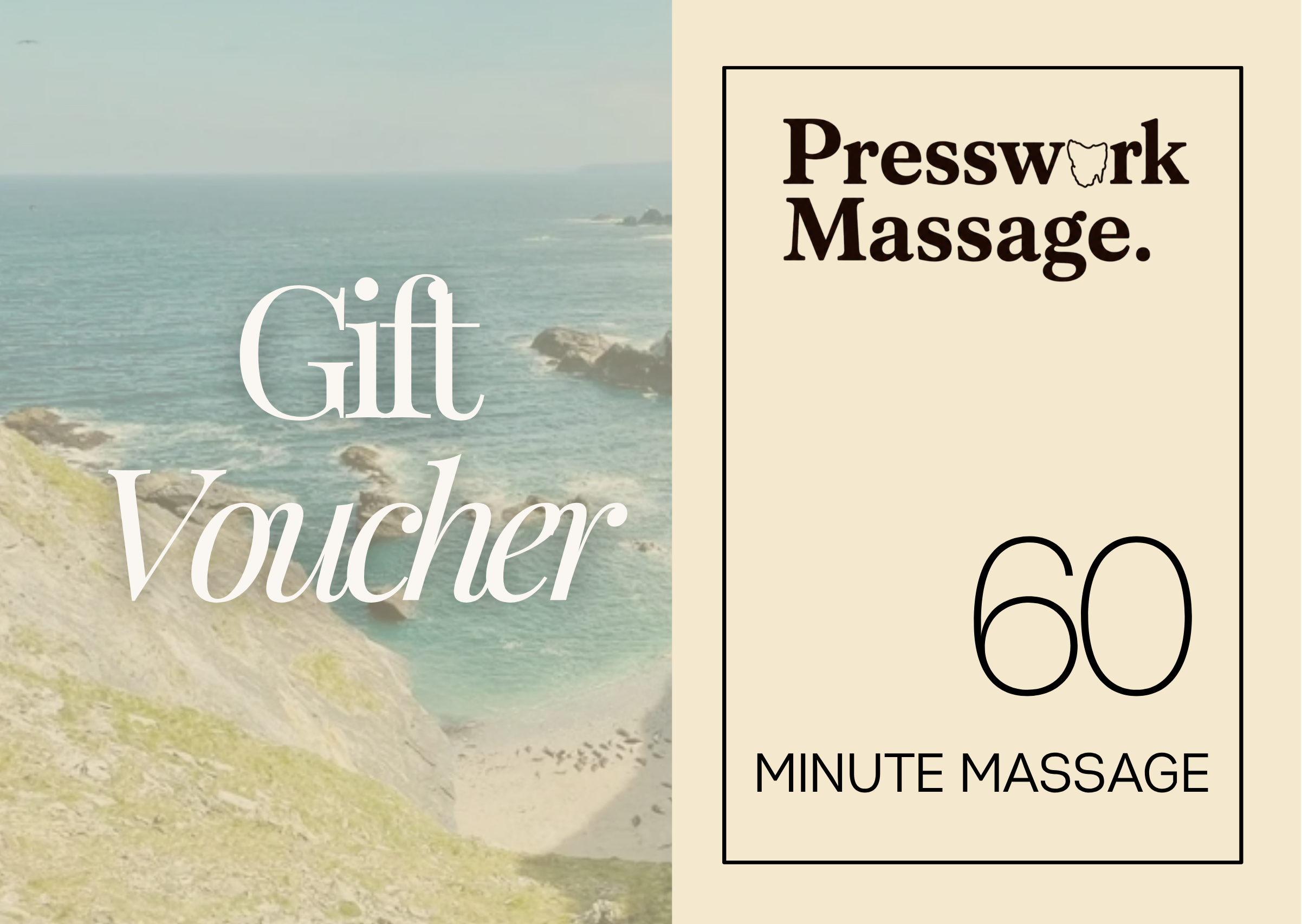 A gift certificate with a beach scene on the left side and a beige background with text on the right side. The text reads 'Presswork Massage'. Additional text below states '60 MINUTE MASSAGE'.