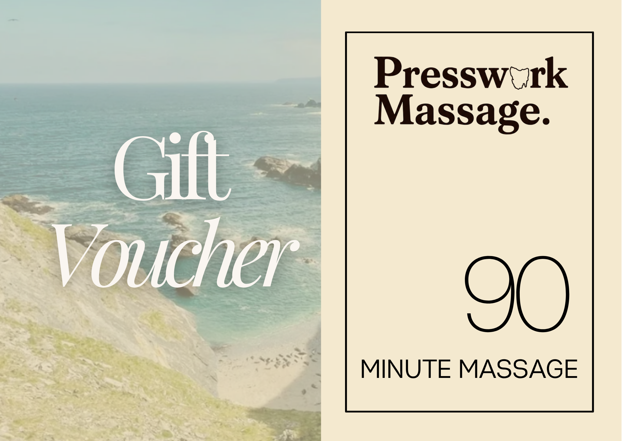 A gift certificate with a beach scene on the left side and a beige background with text on the right side. The text reads 'Presswork Massage'. Additional text below states '90 MINUTE MASSAGE'.