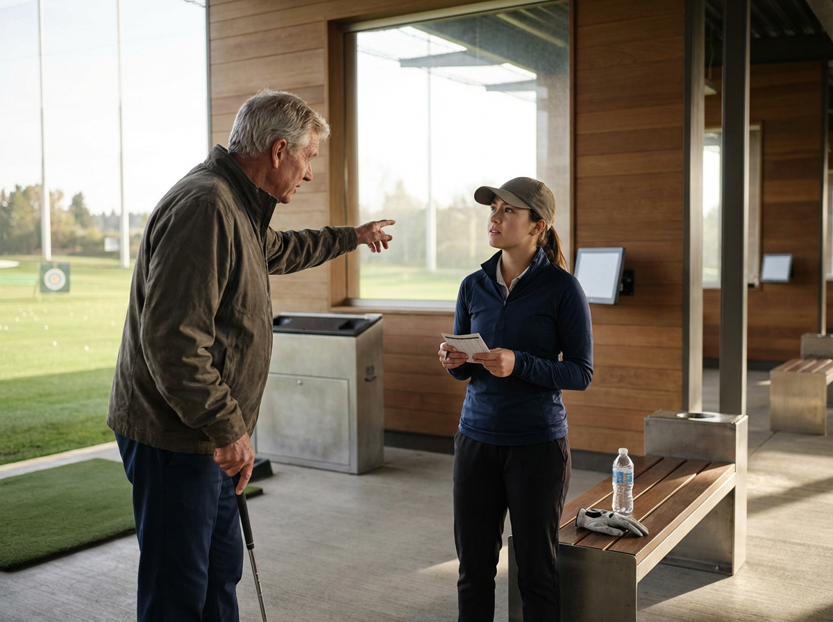 An older man and a young woman having a conversation at a golf driving range. The man appears to be giving instructions or feedback, and the woman is holding a notepad, possibly learning or coaching. There is a water bottle and golf gloves on the bench nearby.