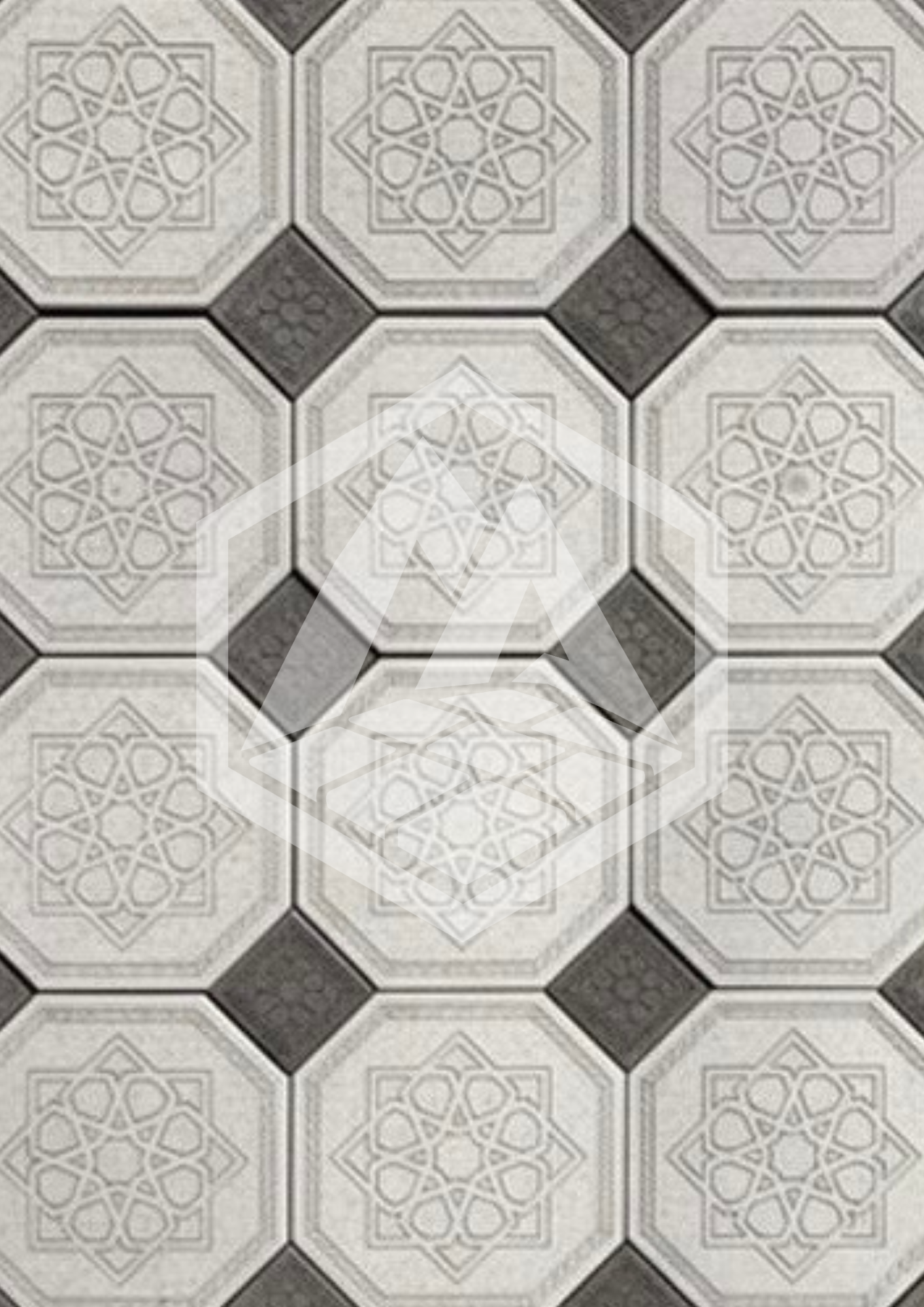 Patterned tile flooring with white and gray geometric designs and black diamond accents.