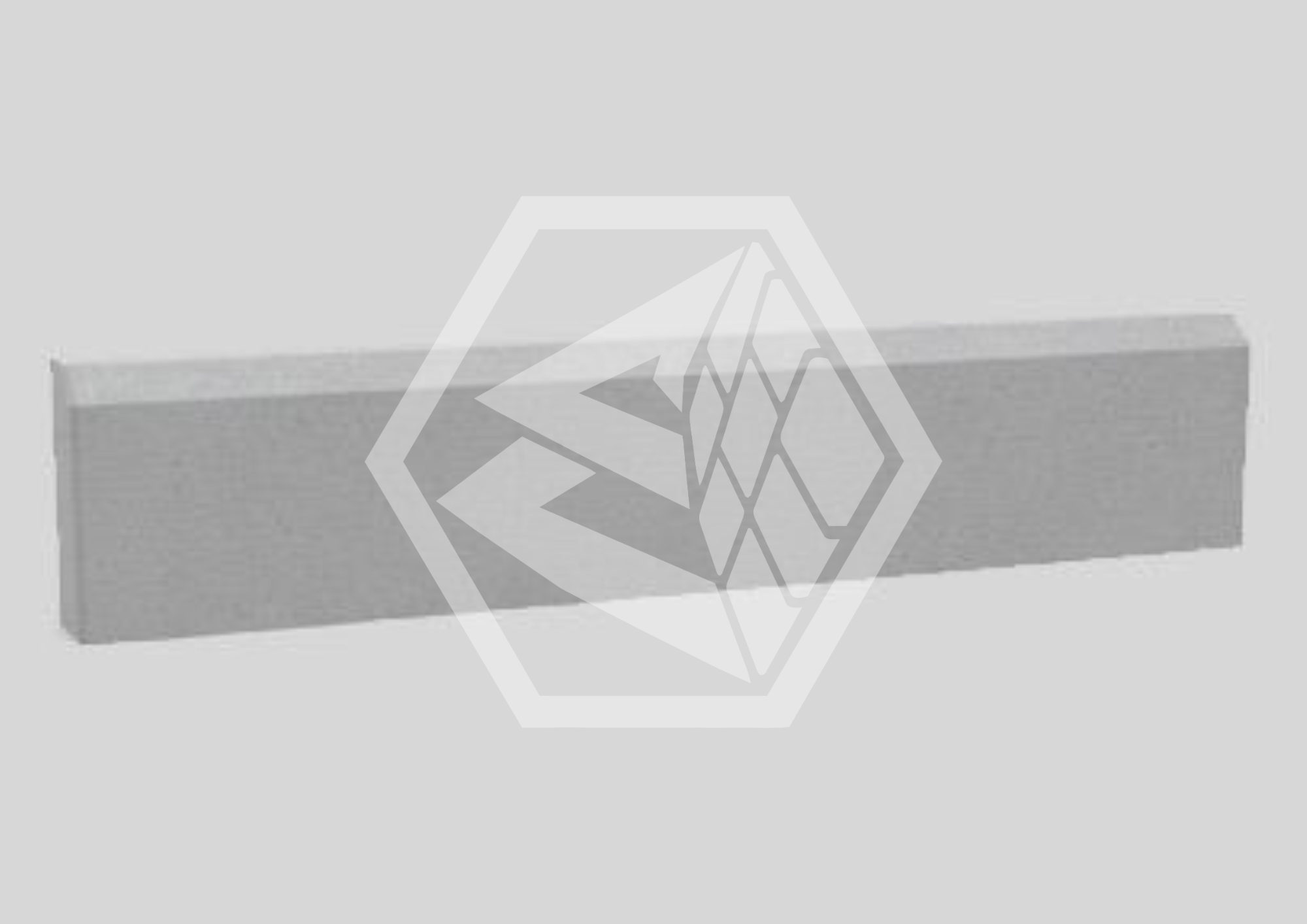 A rectangular wooden block with a geometric logo cut out of it, featuring a hexagon with angular lines inside.