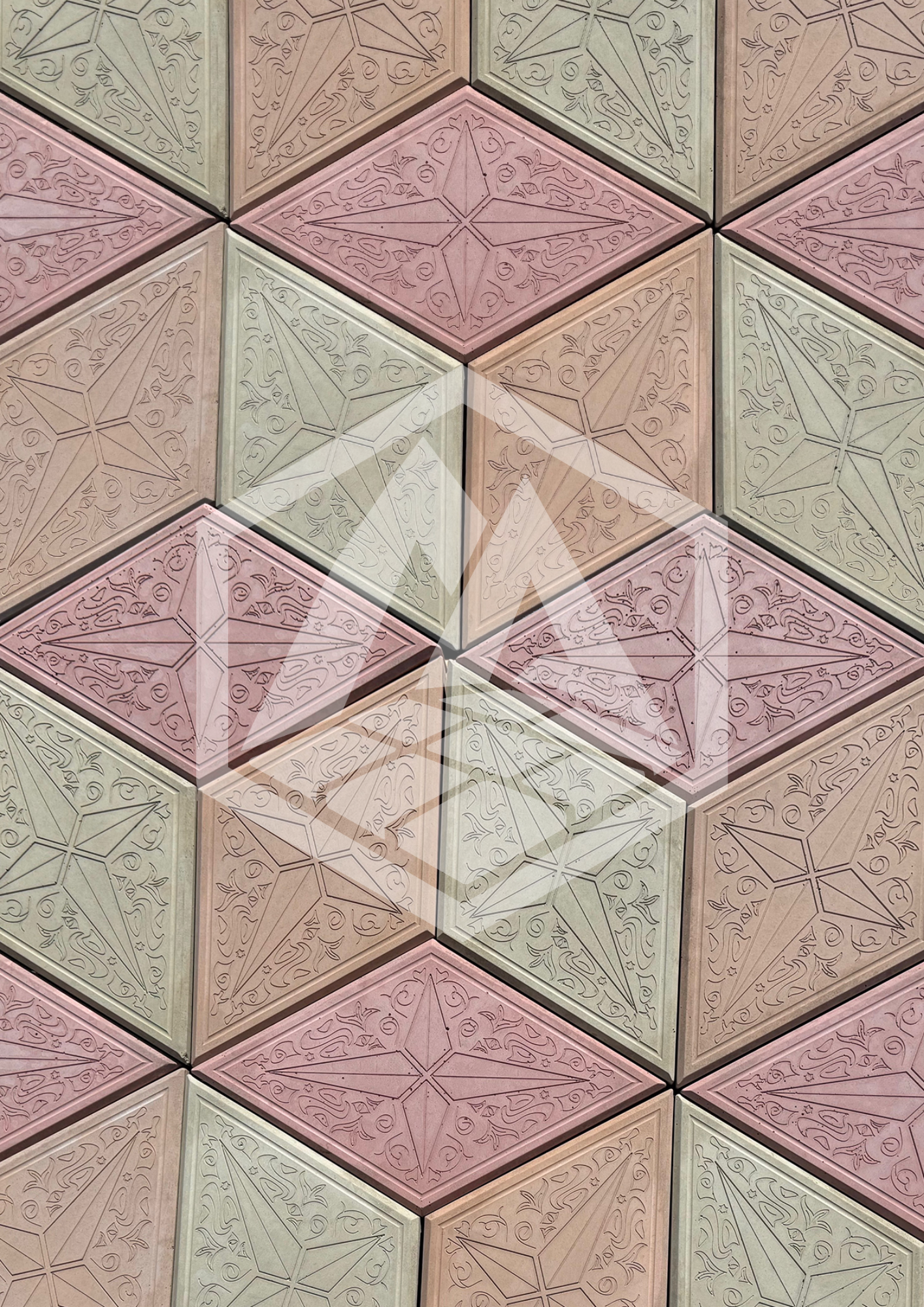 Decorative ceiling tiles with intricate patterns and pastel pink and beige colors arranged in a geometric pattern.