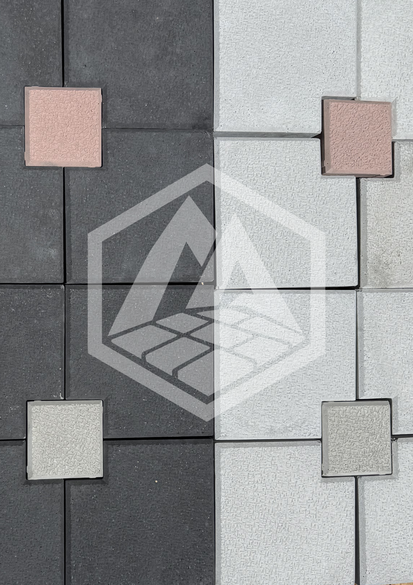 A tiled sidewalk with alternating black and white tiles. Each tile has a square with a textured surface, and some squares are partially colored in pink. A faint transparent logo overlays the image.