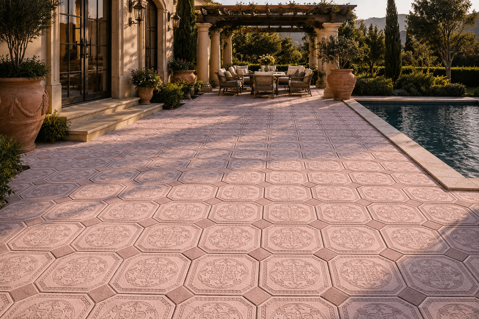 An outdoor patio area with patterned pinkish tiles, potted plants, and a swimming pool. There is a covered seating area with chairs and a table, surrounded by greenery and trees in the background.