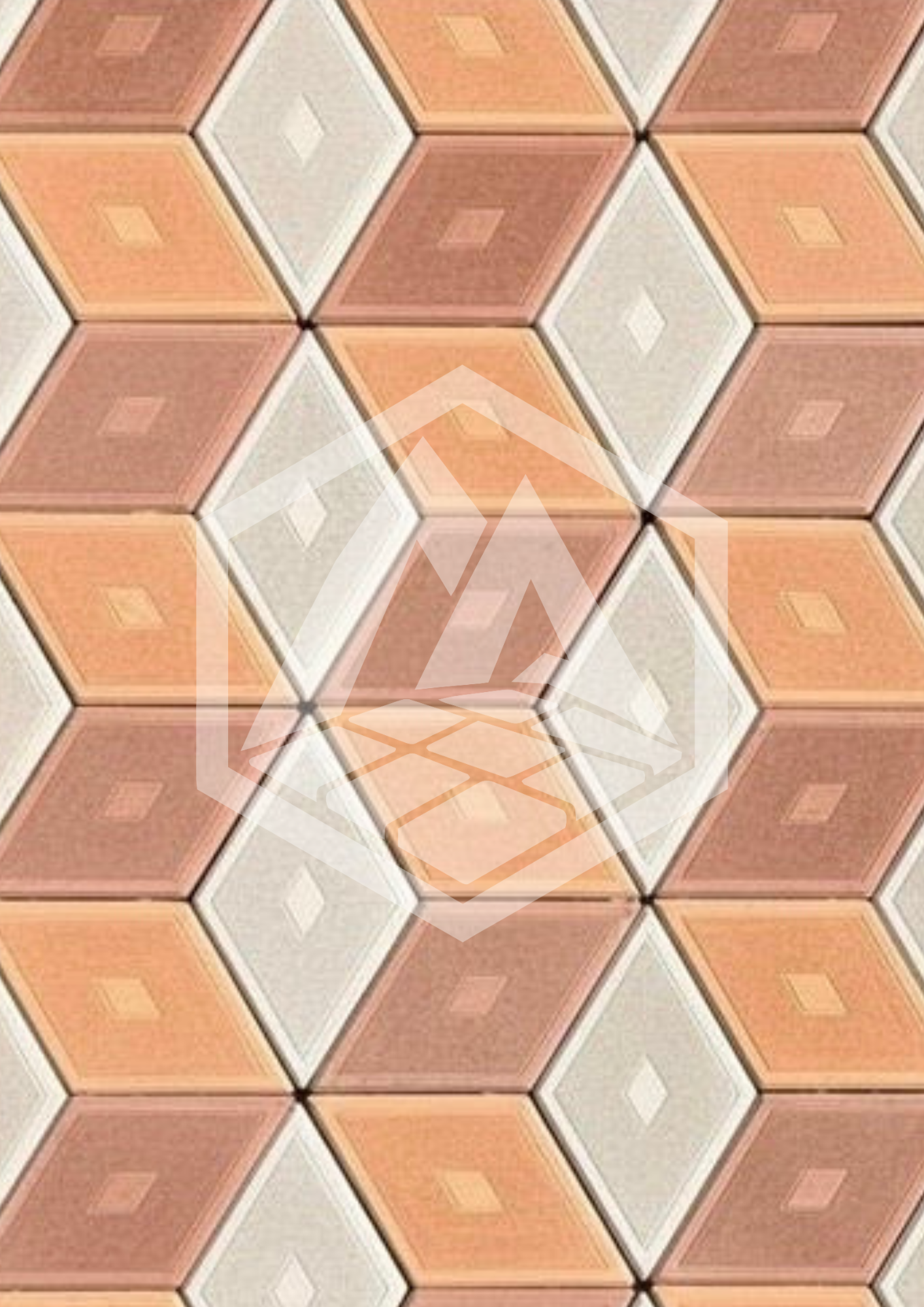 Close-up image of a tiled floor with a geometric pattern of alternating colored tiles in shades of pink, beige, white, and light brown.