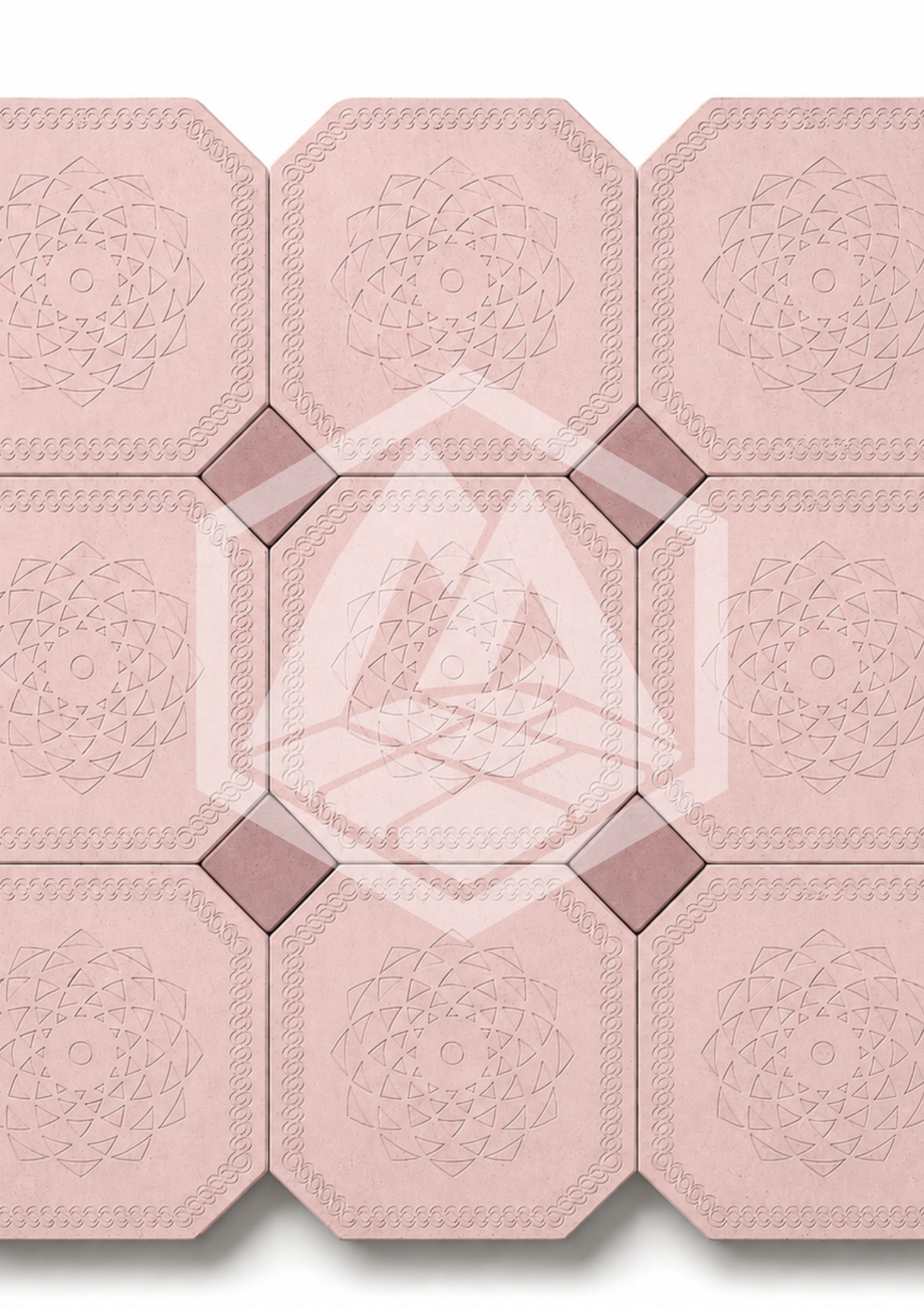 Multiple pink tiles with geometric designs on the backs, arranged in a grid pattern.