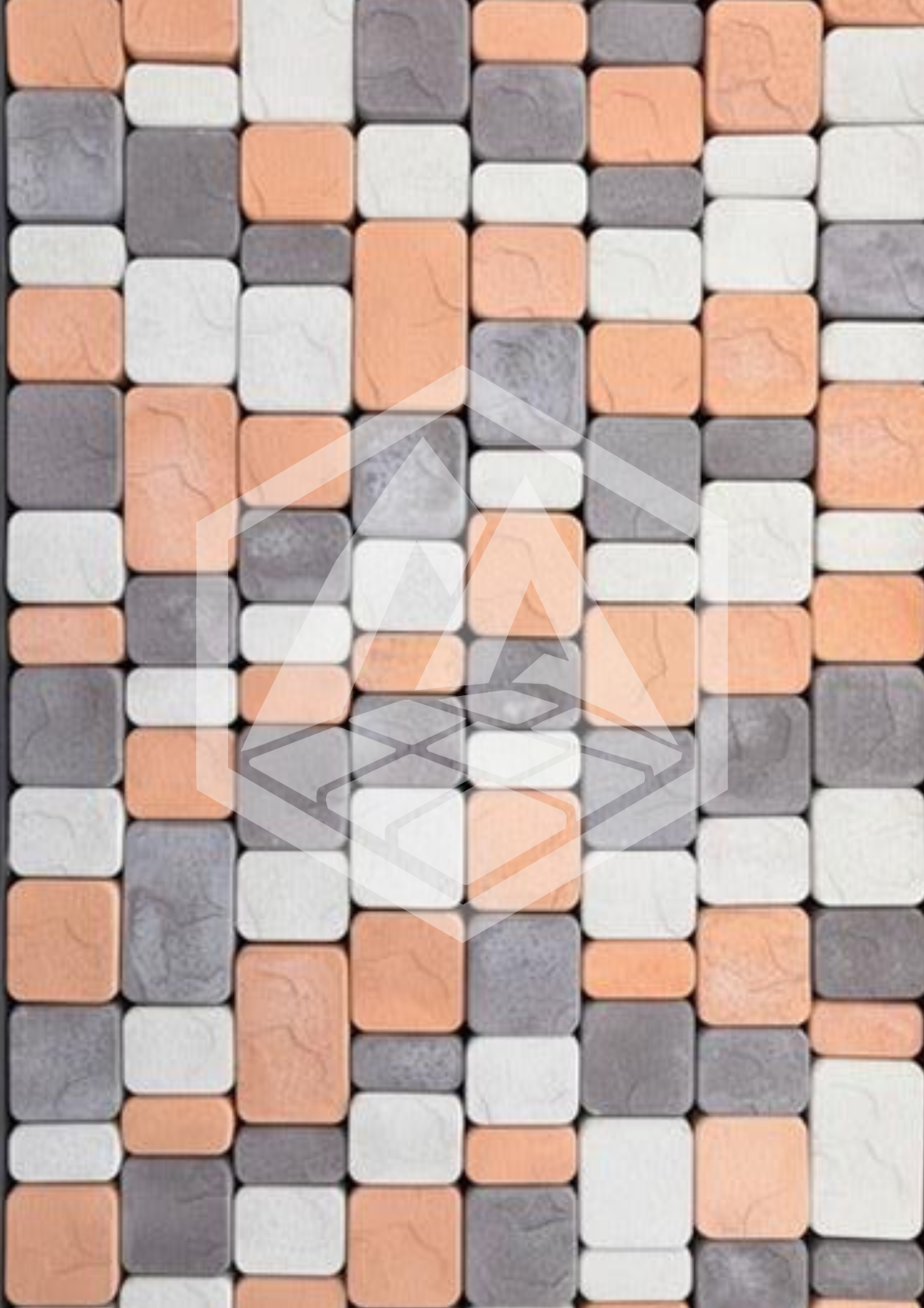 Close-up of a mosaic tile pattern with square tiles in shades of gray, white, and peach, arranged in an abstract design.