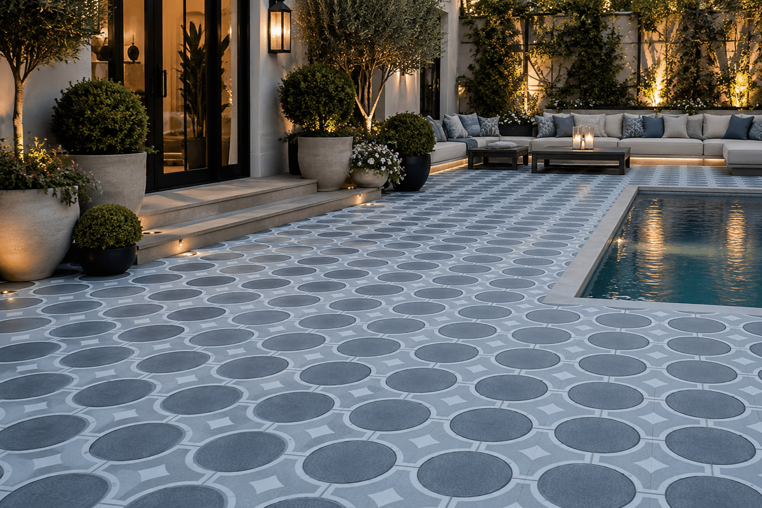 Outdoor patio area with patterned tile flooring, potted plants, a swimming pool on the right, and beige outdoor lounge furniture with blue and white pillows, illuminated by soft ambient lighting.