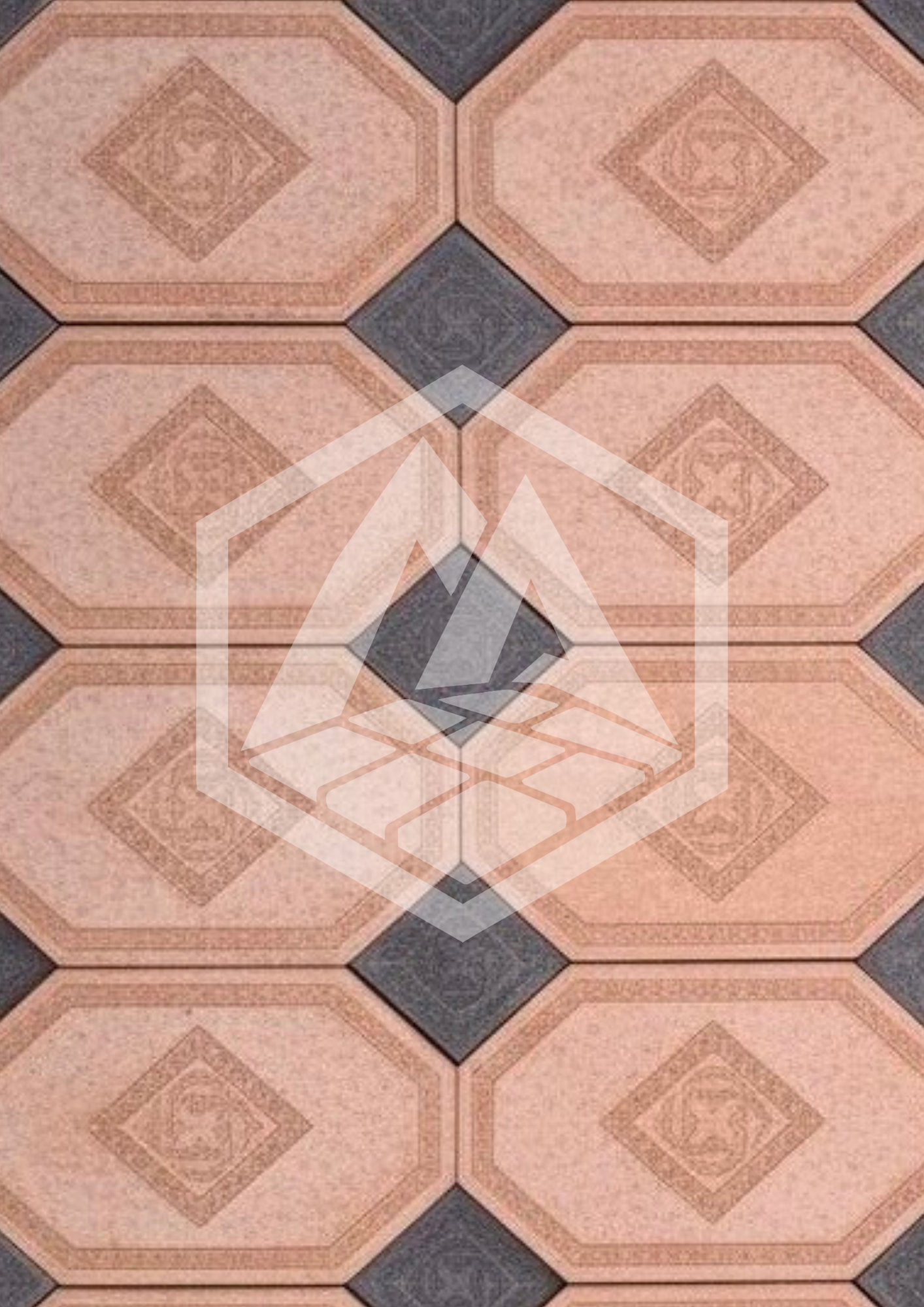Patterned tile flooring with large pinkish-beige tiles having a diamond-shaped design in the center, framed by darker border tiles.