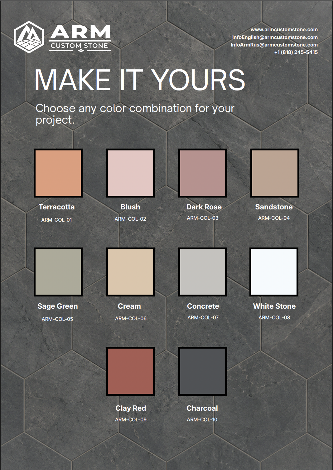 Colored stone samples with names and codes for a custom stone project. Colors include Terracotta, Blush, Dark Rose, Sandstone, Sage Green, Cream, Concrete, White Stone, Clay Red, and Charcoal.