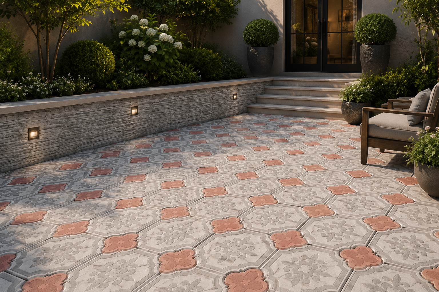 A charming backyard patio with intricate tiled flooring in soft grey and pink patterns. The space features a raised garden bed with lush green plants and white flowers, complemented by potted topiary bushes on either side of a glass door. A single cu