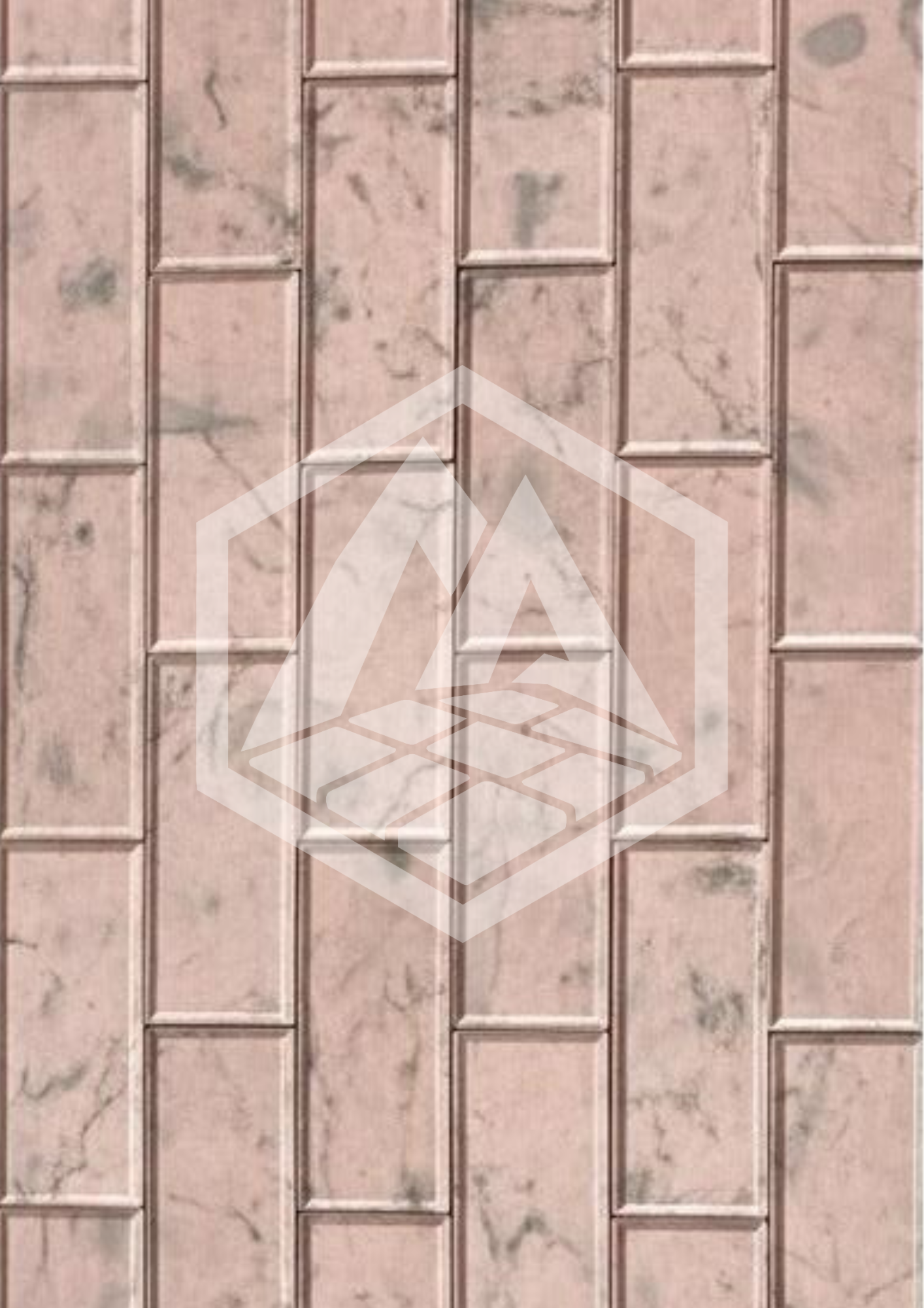Close-up of pink marble tiles with rectangular grooves in a grid pattern.