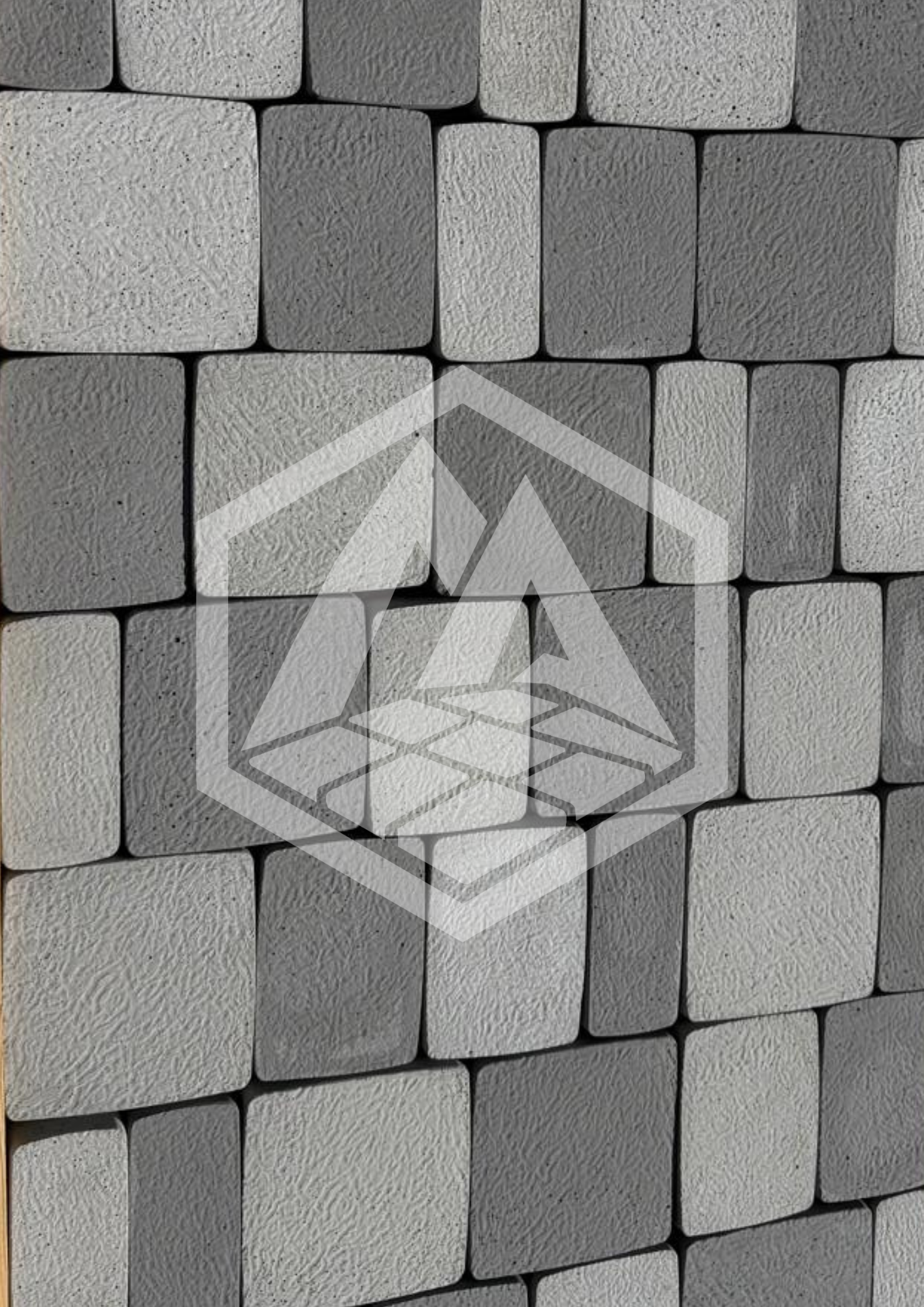 A close-up view of a stone wall with rectangular stones and a faint geometric overlay.