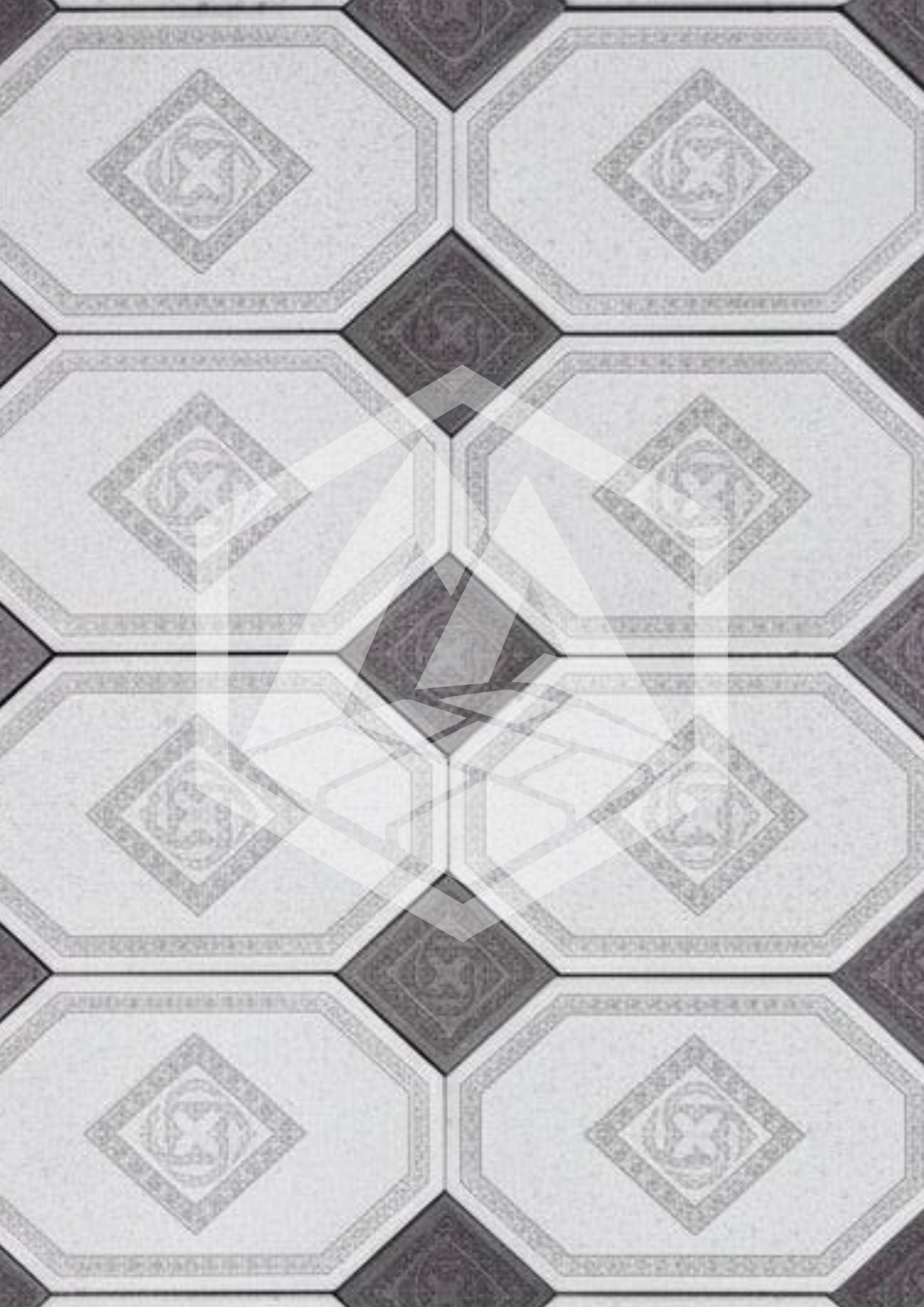 Patterned floor tiles with geometric and floral designs in shades of gray and white.