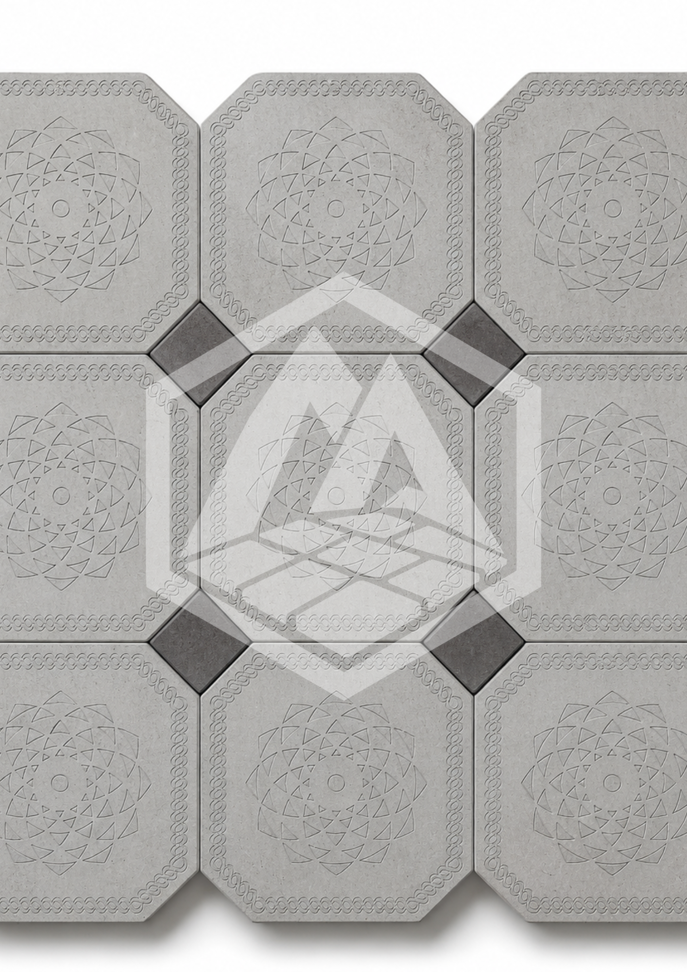 multiple concrete tiles with geometric designs in a grid pattern

