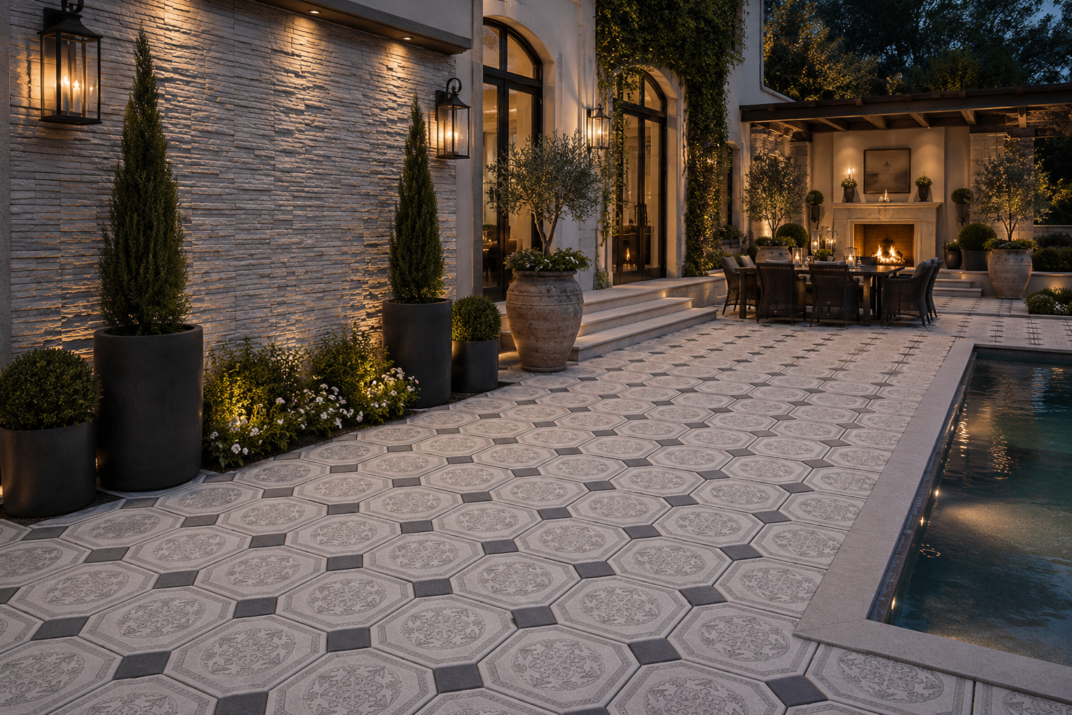 Elegant outdoor patio with a patterned tiled floor, potted plants, and an illuminated fireplace, overlooking a swimming pool at dusk.