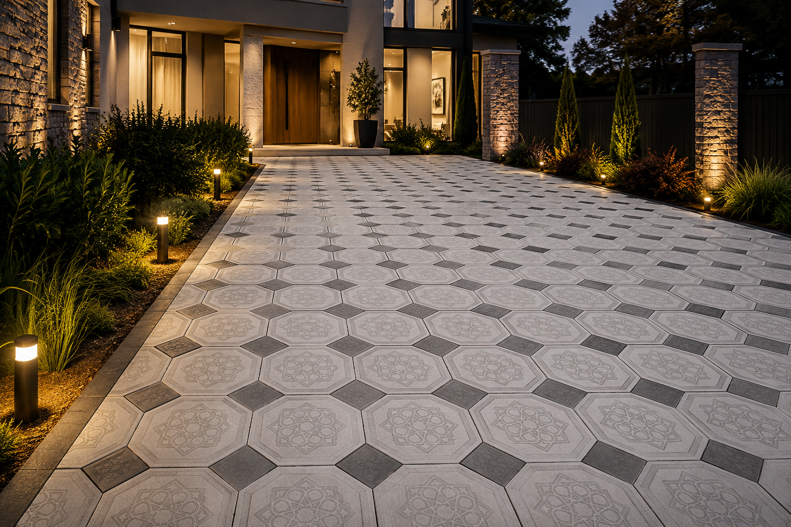 Night view of a modern house entrance with a paved driveway, garden beds with plants, and pathway lighting.
