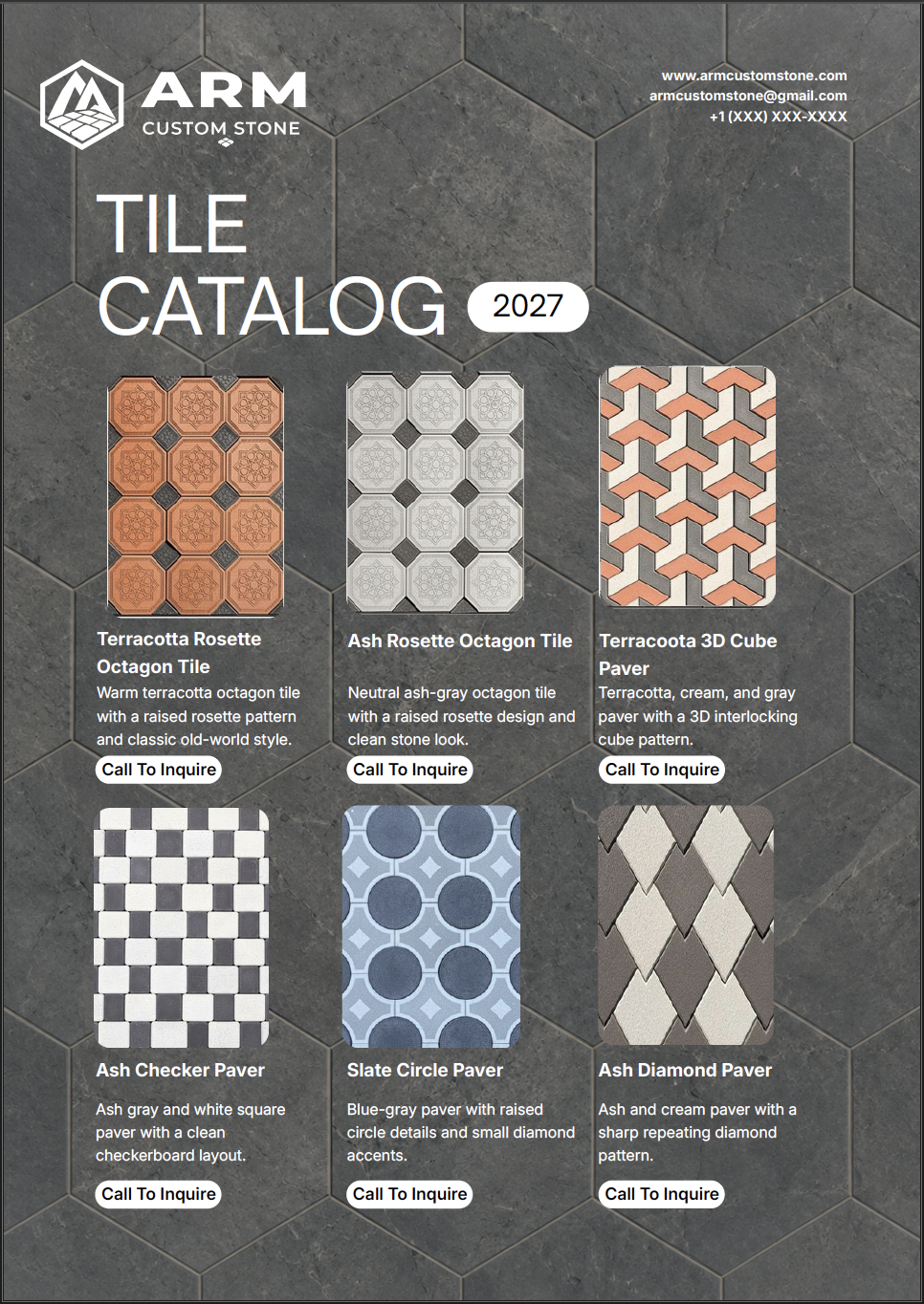 A tile catalog cover for ARM Custom Stone featuring six different tile designs with descriptions and