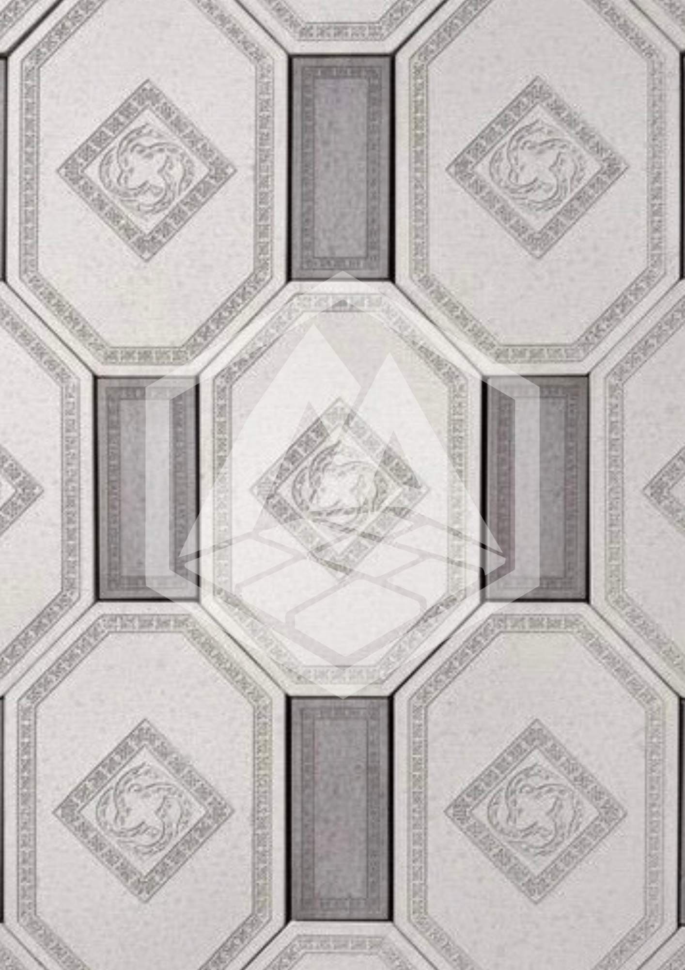 Gray and white patterned ceiling with geometric designs and ornate borders.