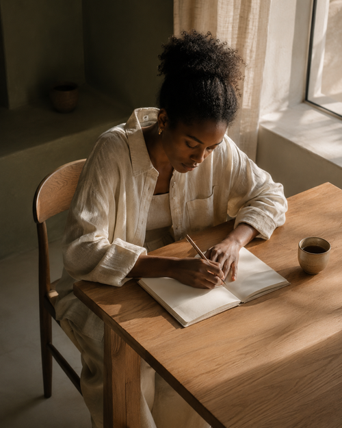 Woman writing with intention