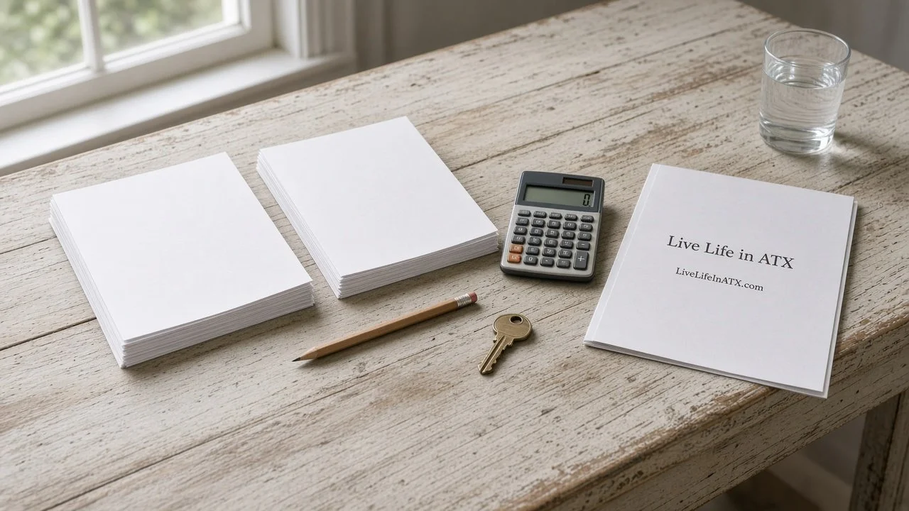 Whitewashed farmhouse table with two stacks of papers side by side, a calculator, a brass key and a Live Life in ATX folder