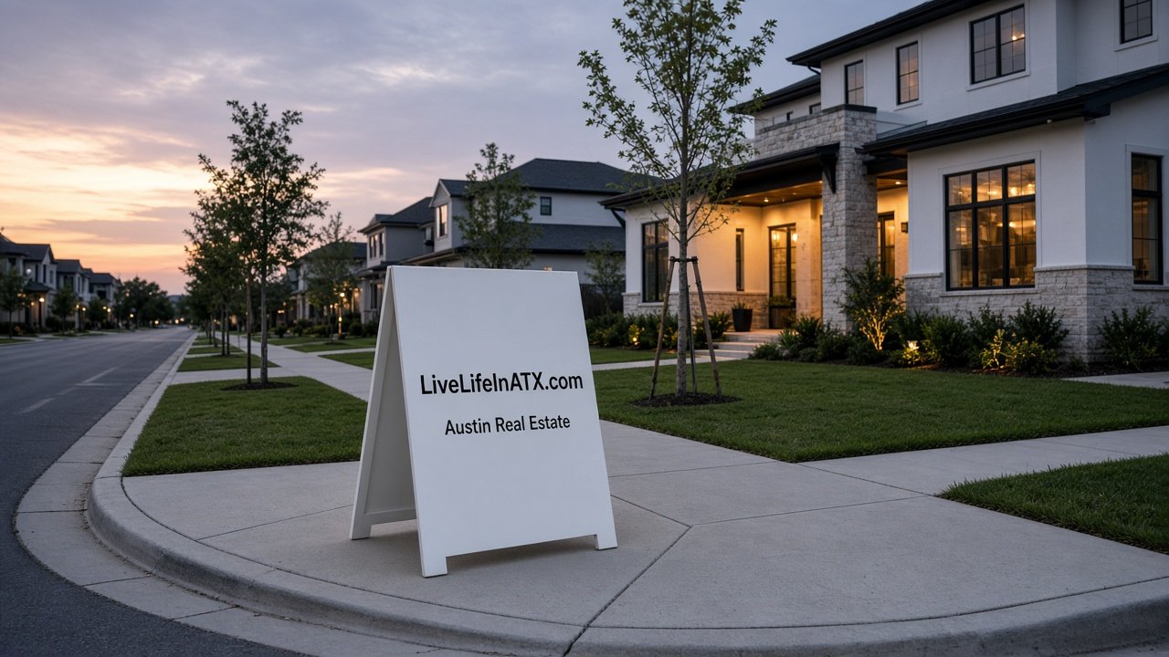 New-construction Austin neighborhood corner at dusk with glowing porch lights and a white A-frame sign reading LiveLifeInATX.com Austin Real Estate