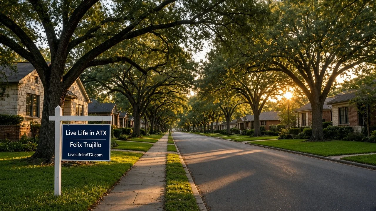 Quiet Austin street lined with live oak trees at golden hour with a Live Life in ATX, Felix Trujillo, LiveLifeInATX.com yard sign in the foreground