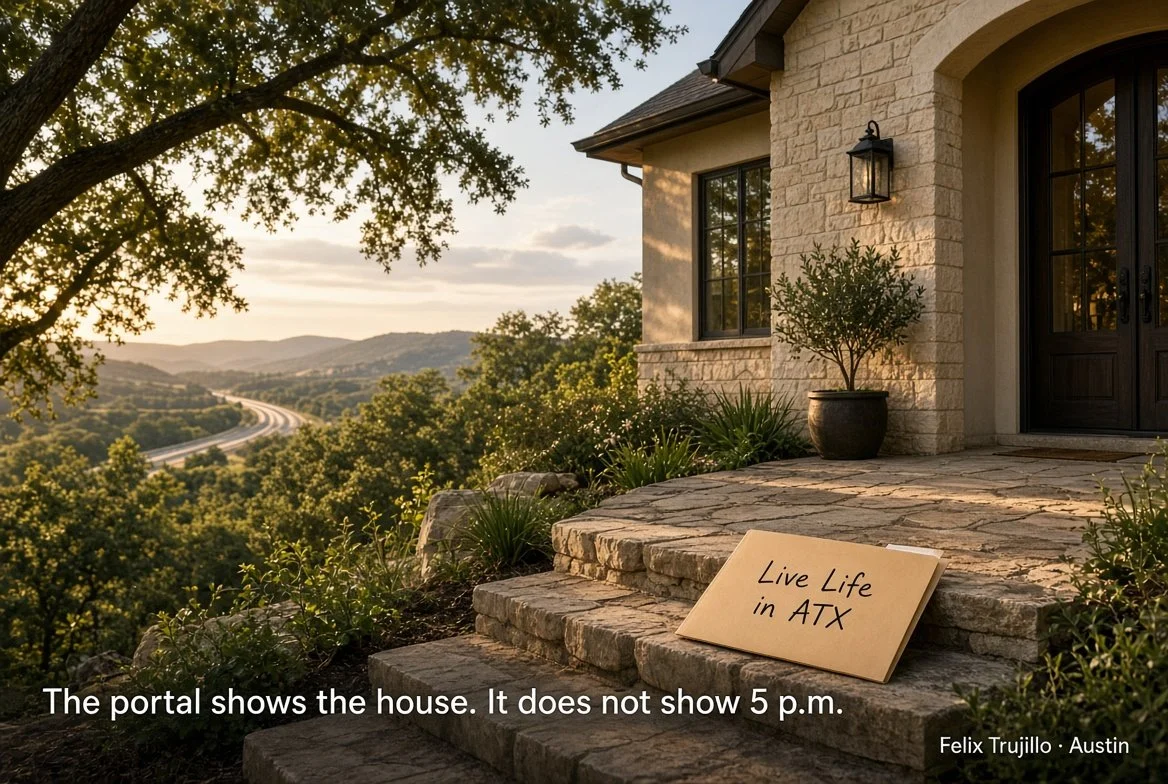 The portal shows the house. It does not show 5 p.m.