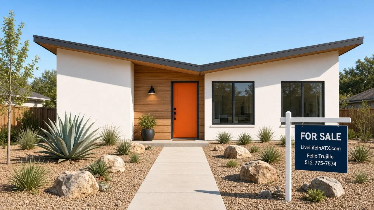 Freshly painted mid-century ranch with orange door, xeriscape yard and FOR SALE sign