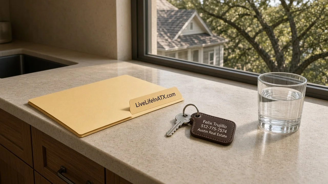 Kitchen counter with a folder tabbed LiveLifeInATX.com, house keys on a Felix Trujillo 512-775-7574 Austin Real Estate key tag and a roofline visible through the window