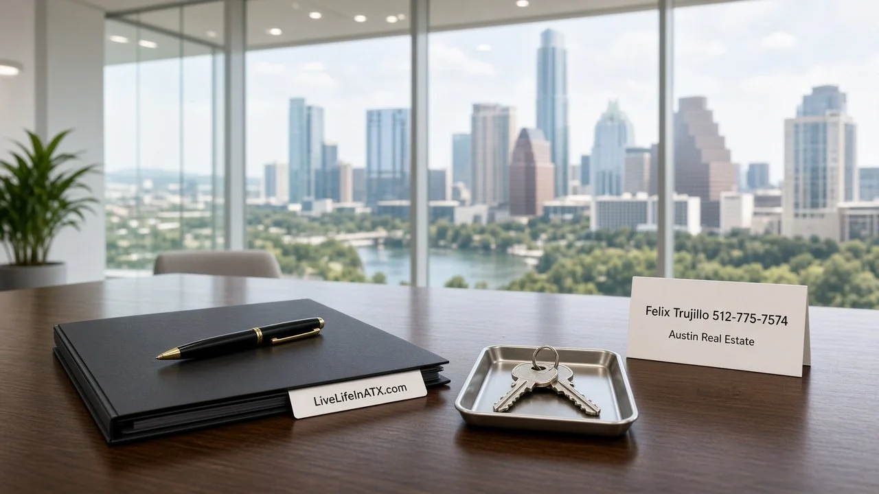 Empty closing table with a pen on a closed folder tabbed LiveLifeInATX.com, two house keys on a tray and a Felix Trujillo 512-775-7574 Austin Real Estate card, Austin skyline through the glass
